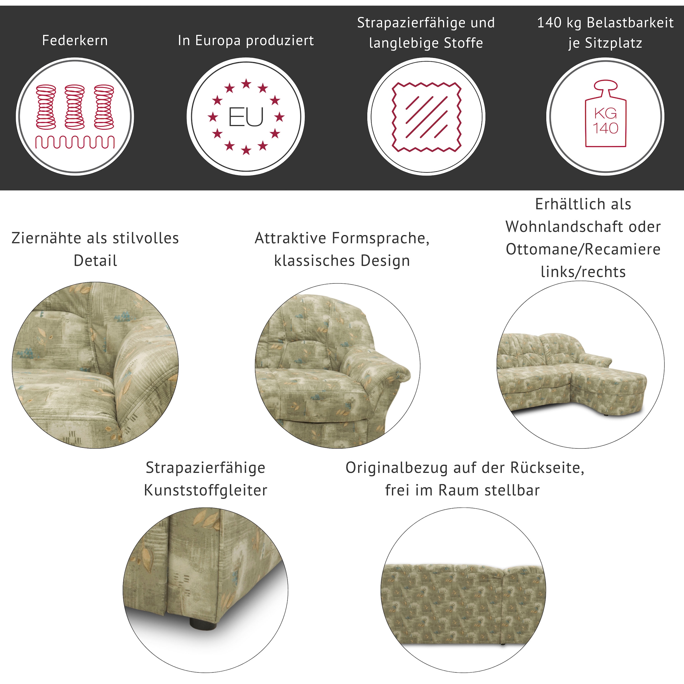 DOMO collection Wohnlandschaft »Bahia U-Form, B/T: 308/200 cm, mit Federkern, belastbar bis 140kg/Sitz« Microfaser MELROSE®, mocca