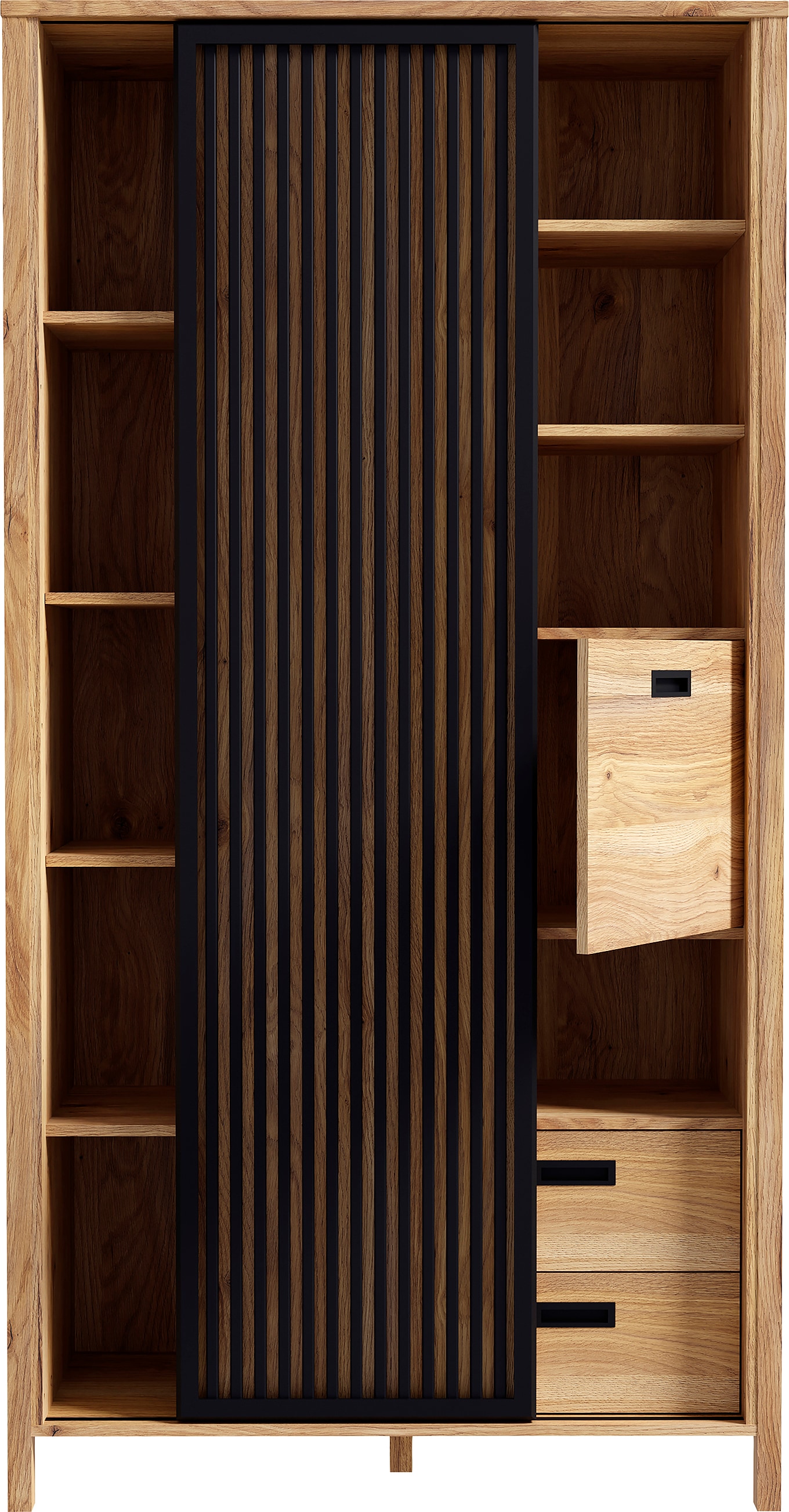 FORTE Buffet haut »Jytana« Hauteur 200,3 cm, porte coulissante aspect lamelles, chêne Mauvella / noir
