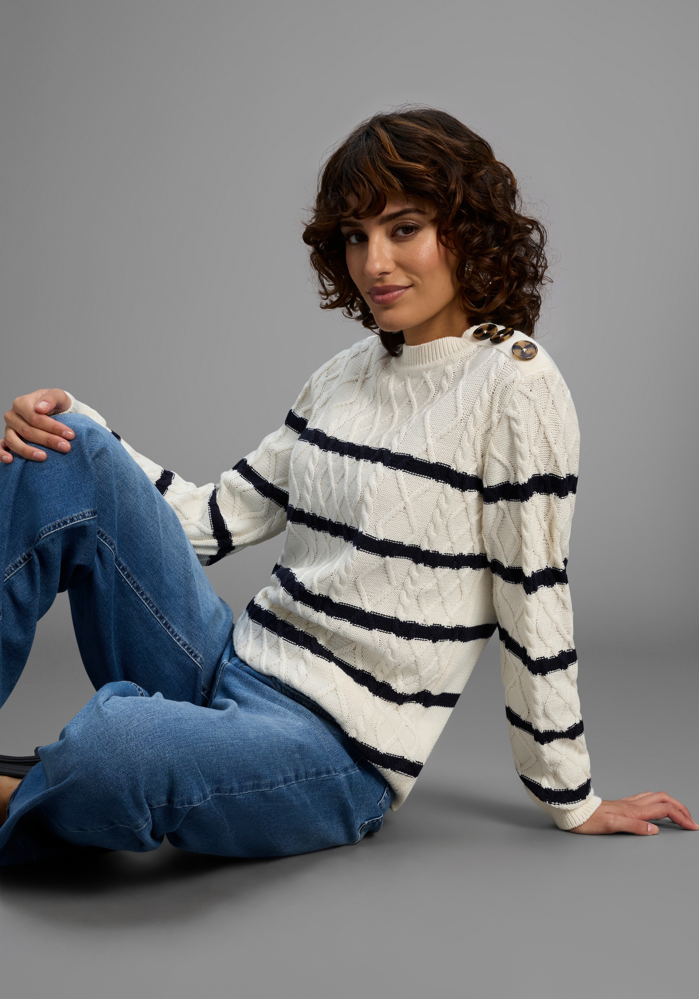 Image of Laura Scott Rundhalspullover Übergangspullover mit Zopfmuster und Streifen - NEUE KOLLEKTION
