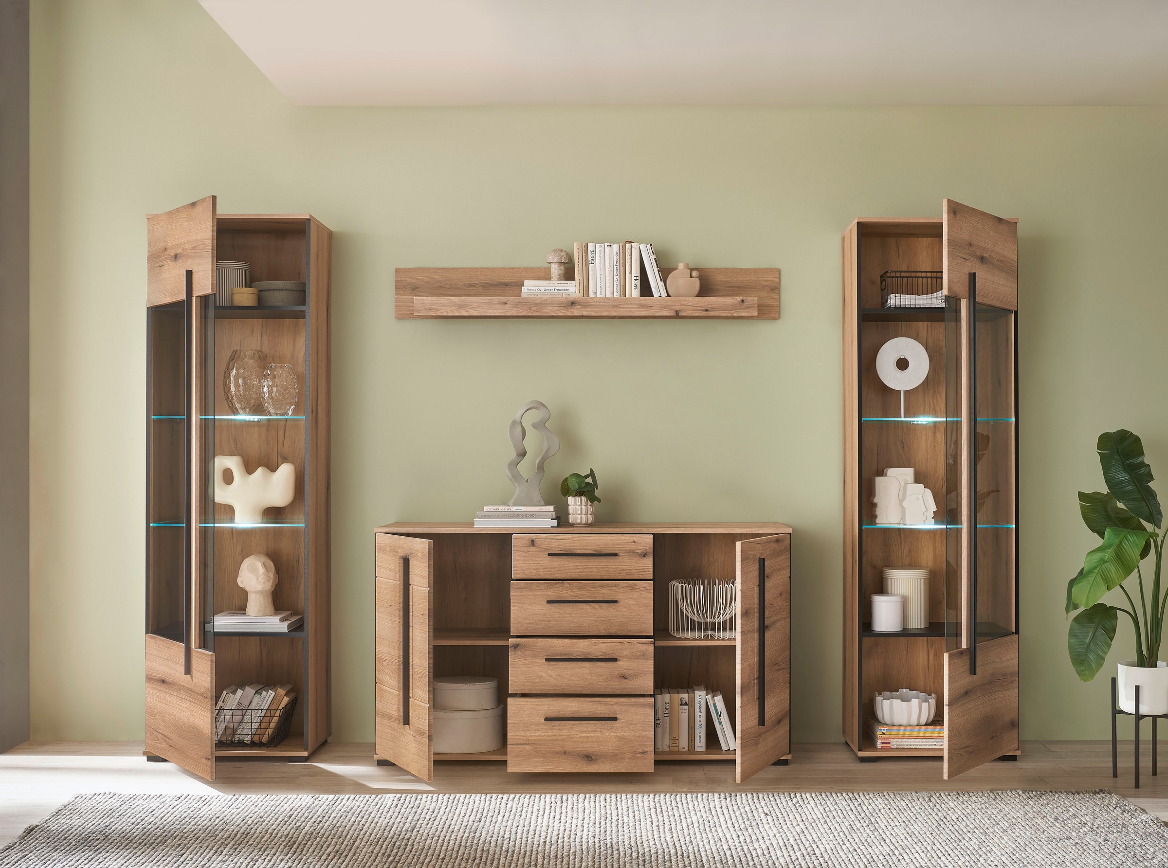 INOSIGN Wohnwand »Cantara, moderne Anbauwand, Wohnzimmer-Set, in Eiche Evoke oder Weiss«, (Set), enthält zwei Vitrinen, ein Sideboard und ein Wandboard