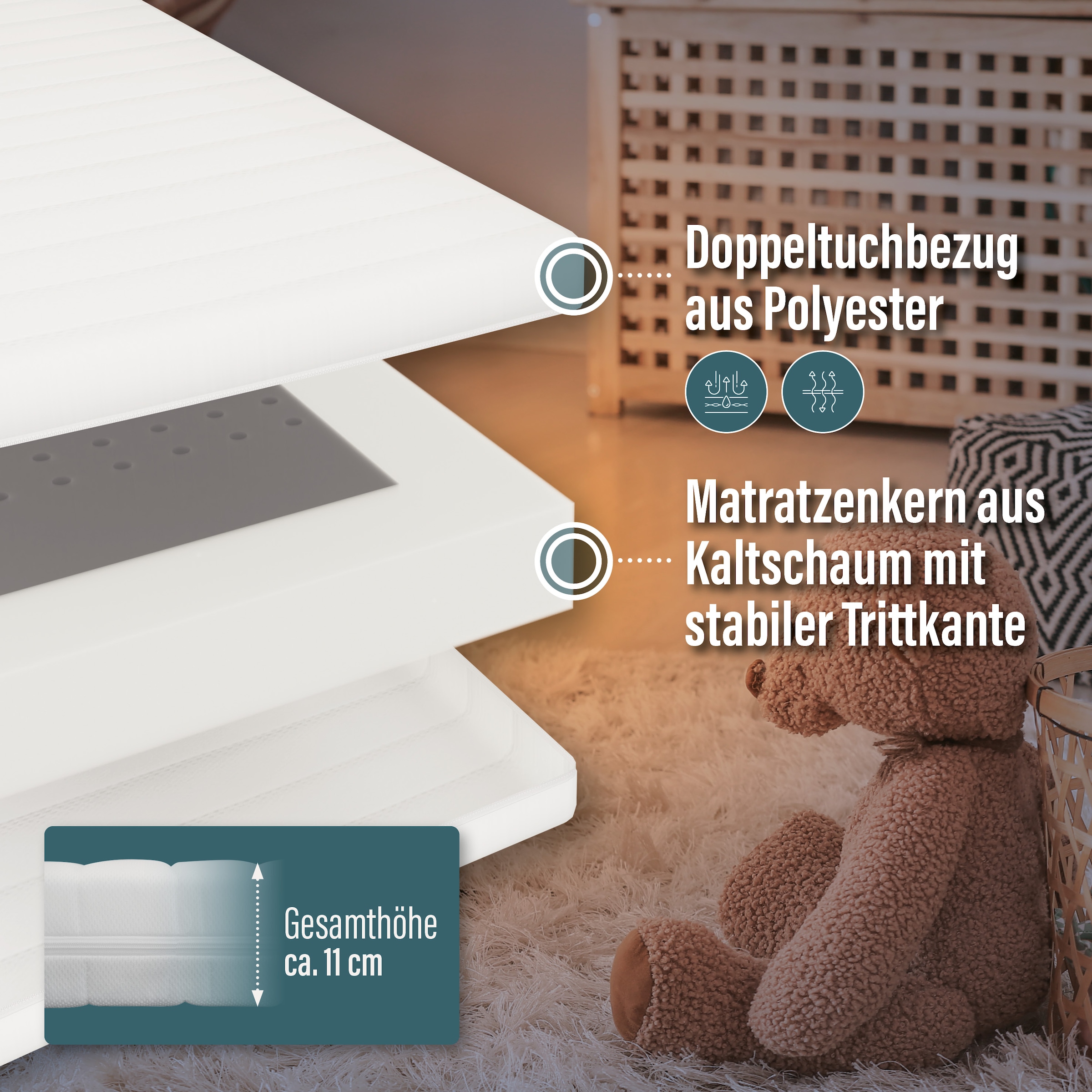 Beco Kindermatratze »Kindermatratze BeCo Kaja, ergonomisch, hygienisch und strapazierfähig« 11 cm hoch Raumgewicht: 35 kg/m³ 1 Stk. tlg. Note GUT (2,2) der Preistipp bei Stiftung Warentest  (Ausgabe 09/2024)