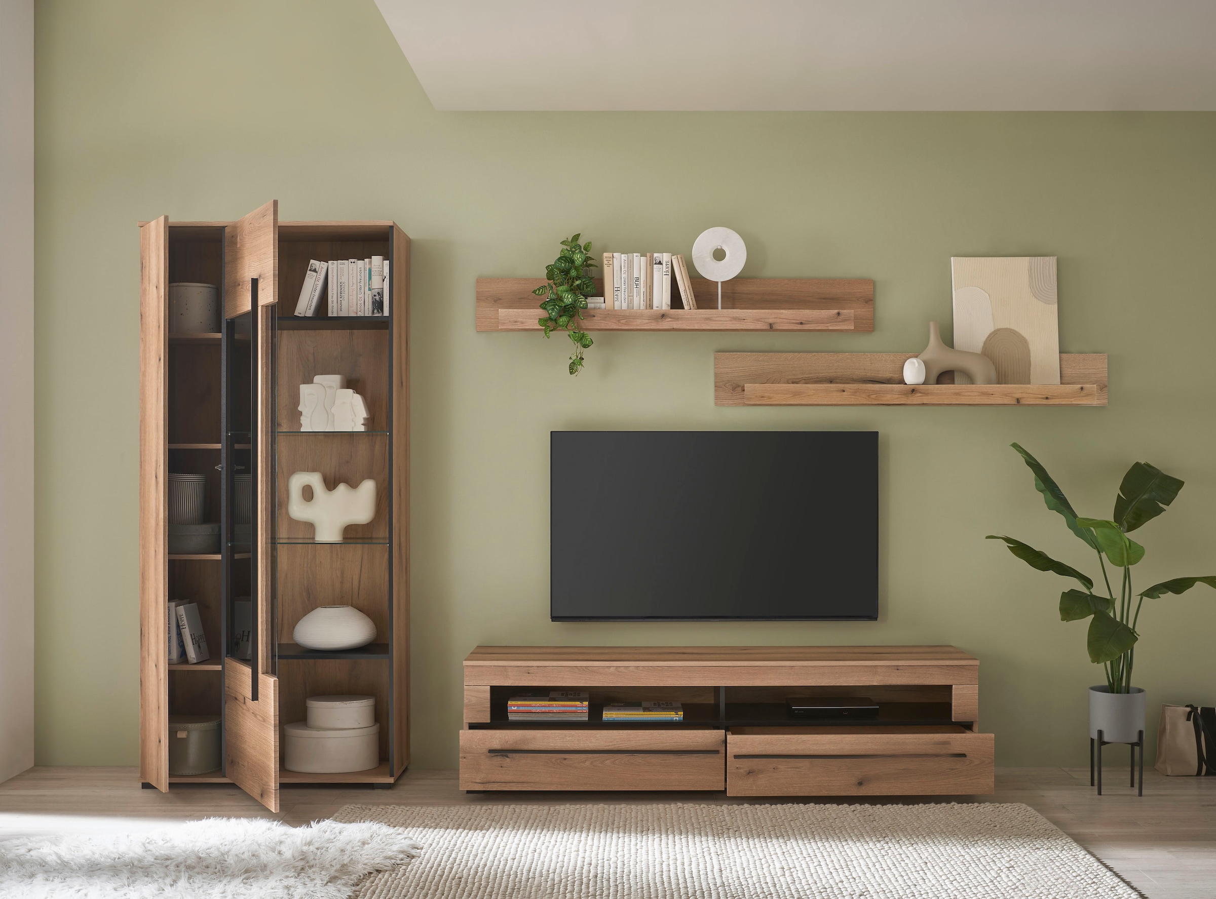INOSIGN Wohnwand »Cantara, moderne Anbauwand, Wohnzimmer-Set, in Eiche Evoke oder Weiss«, (Set), enthält eine Vitrine, ein Lowboard und zwei Wandboards