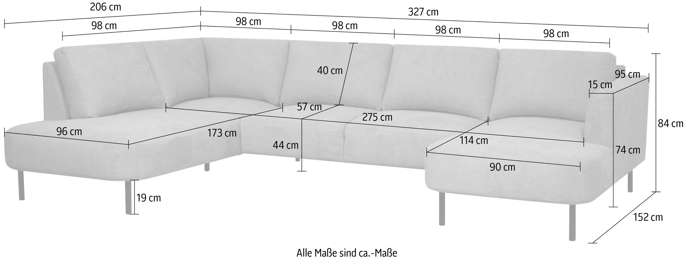 Places of Style Wohnlandschaft »Cesola«, in weichem Chenille-Stoff, Breite 327 cm, mit schwarzen Metallfüssen