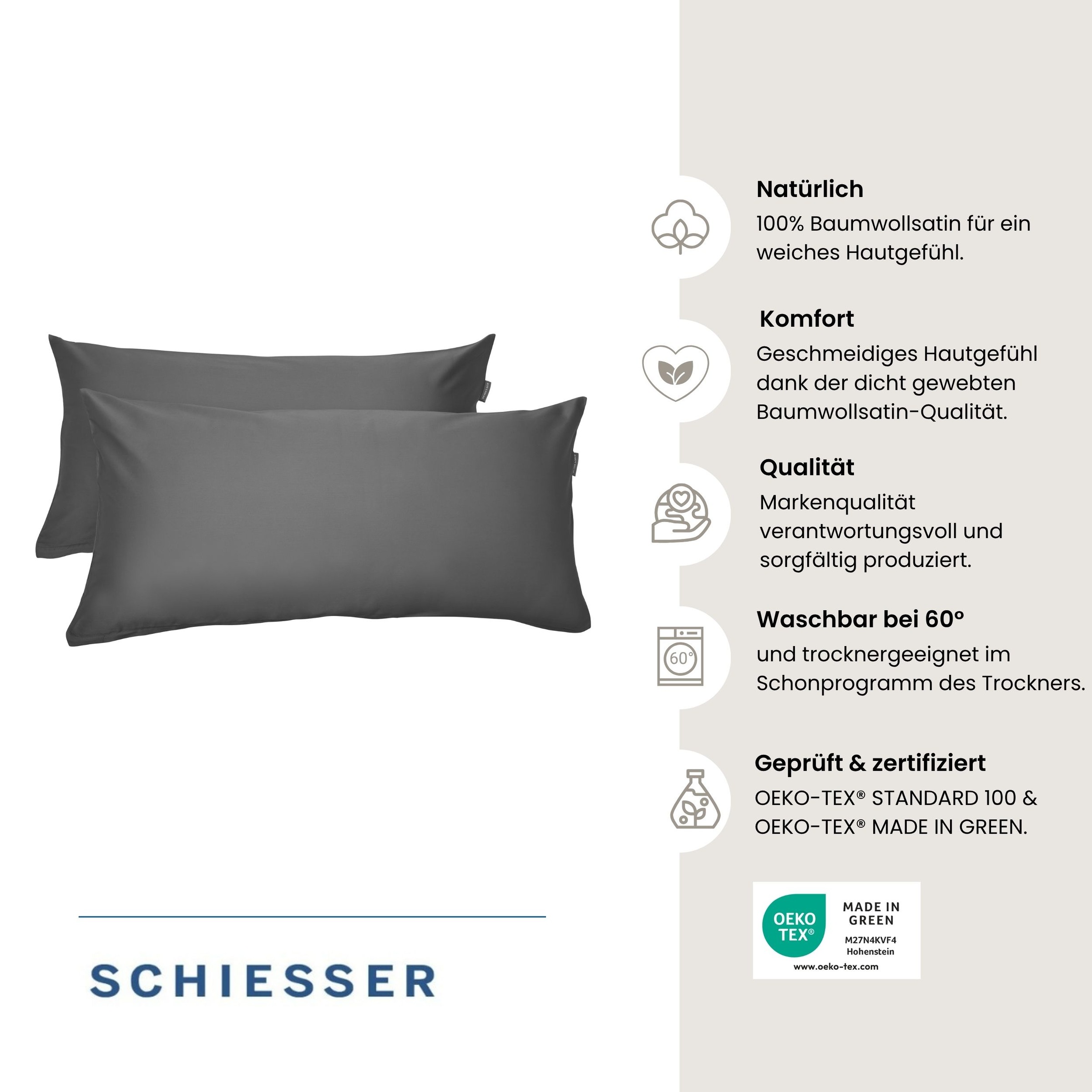 Schiesser Housse de coussin »Ella Kissenhüllenset aus feinstem Baumwollsatin, 40x80 cm« Made in Green