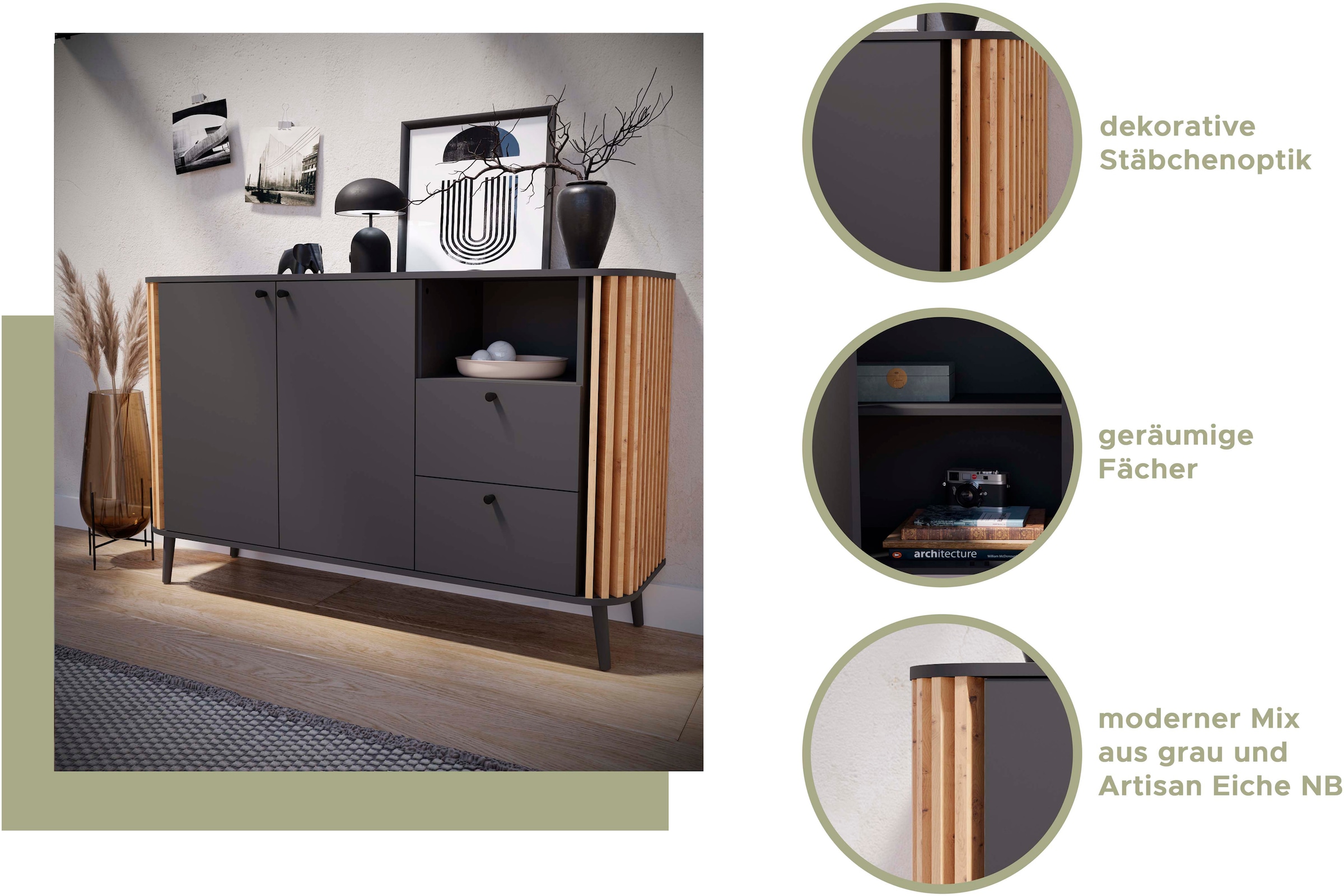 INOSIGN Commode »Stavanger, Höhe 60 cm, Paneel-Stäbchen-Optik, 2 Schubkästen« 1 cuis tlg. Nachtkonsole, Nachttisch, Nako, Kommode