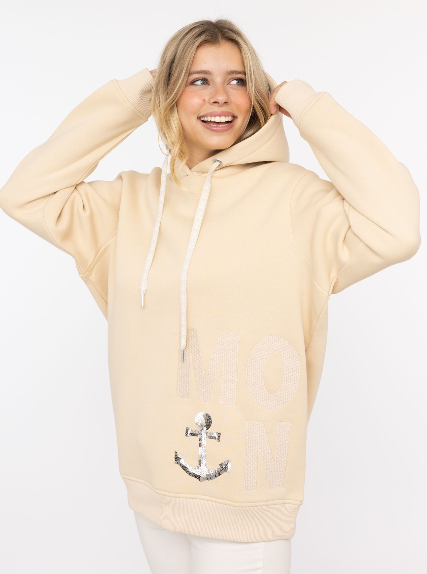 Image of Zwillingsherz Hoodie ""Moin"", mit Paillettenanker und gesticktem Schriftzug