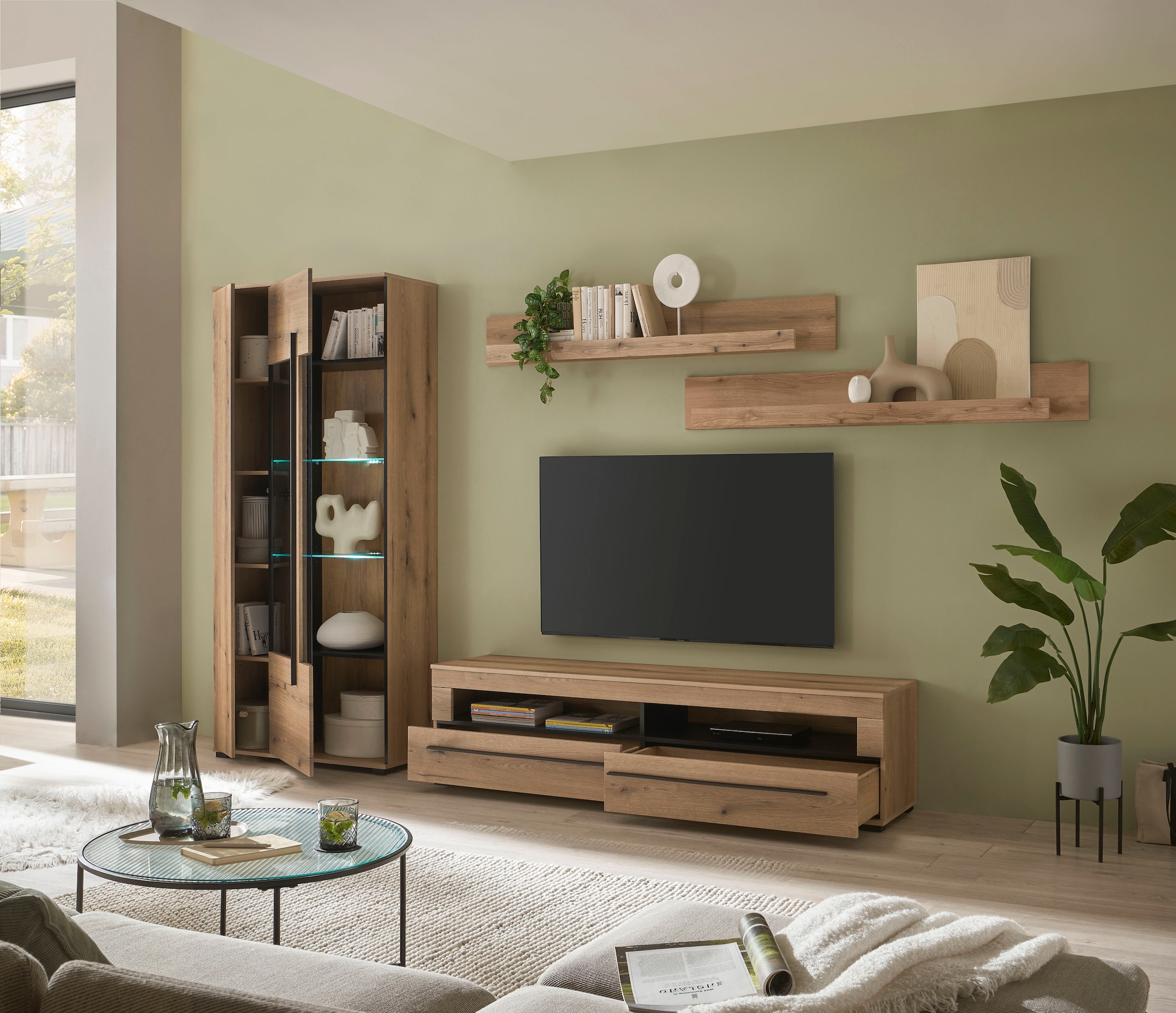 INOSIGN Wohnwand »Cantara, moderne Anbauwand, Wohnzimmer-Set, in Eiche Evoke oder Weiss«, (Set), enthält eine Vitrine, ein Lowboard und zwei Wandboards