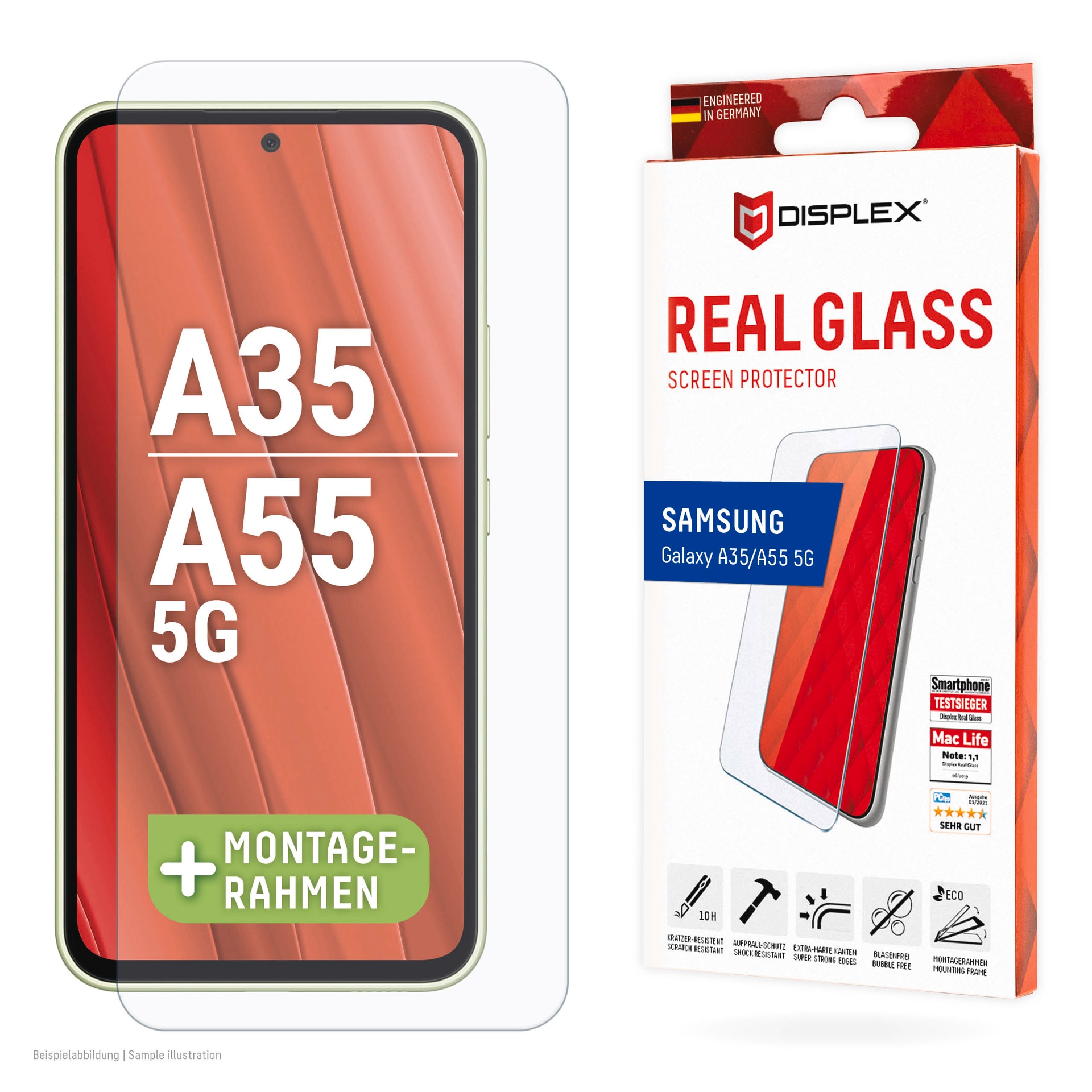 Image of Displex Displayschutzglas "Real Glass" für Samsung Galaxy A35;Samsung Galaxy A55 5G 1 Stk. tlg. Bildschirmschutz, Displayschutzfolie,Einfach anbringen,kratz-&stossfest