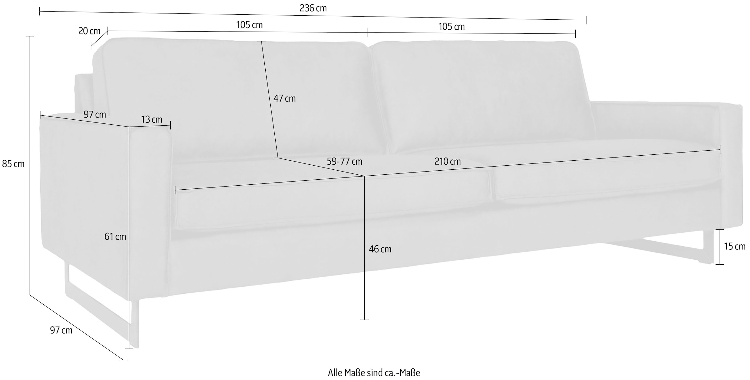 GOODproduct 3-places »Maxi-Ausführung Pinto, 236 cm, Cord, Chenille, Lederoptik« avec jonc, pieds métalliques noirs, suspension à ressorts ondulés