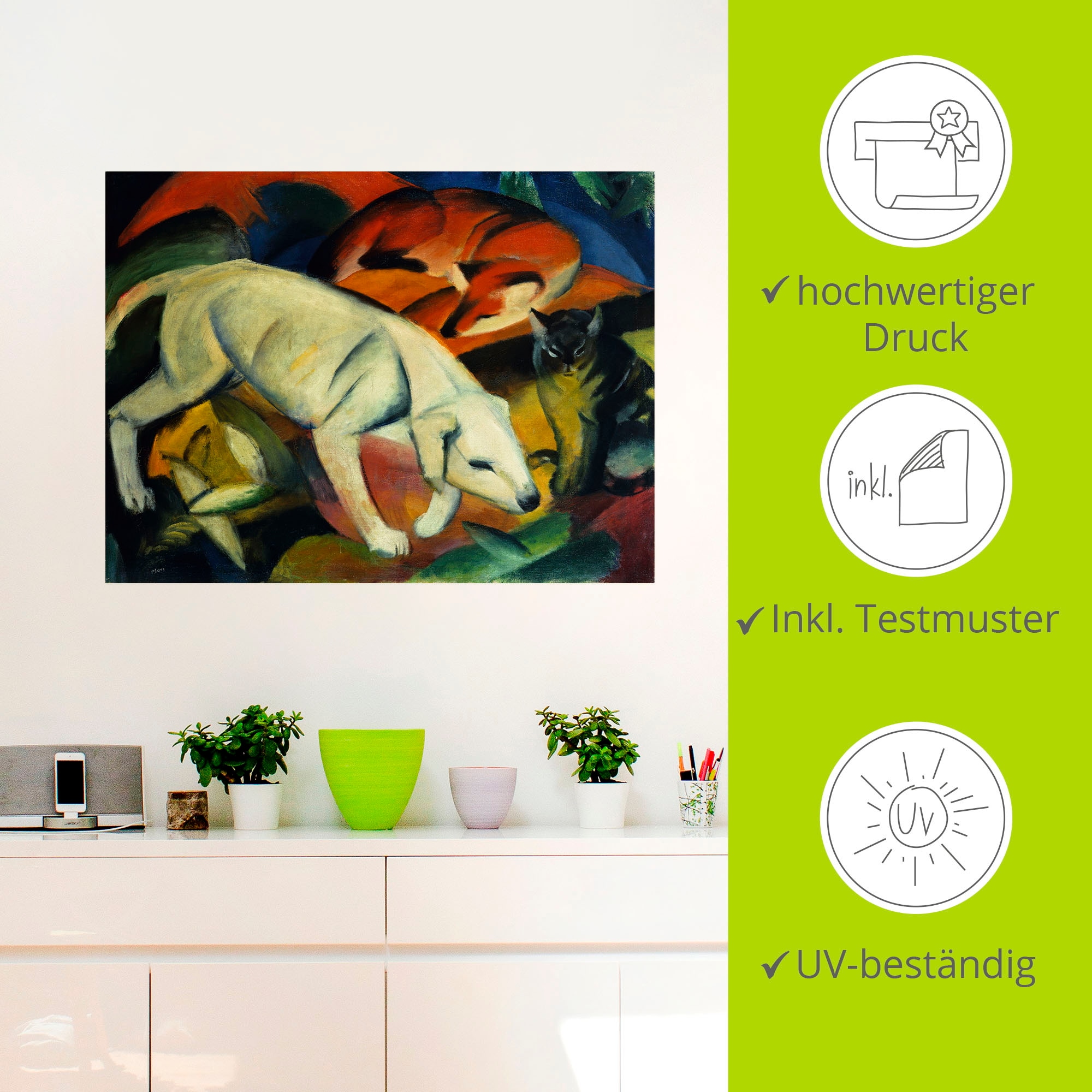 Artland Wandbild »Drei Tiere (Hund Fuchs und Katze). 1912«, Haustiere, (1 St.), als Leinwandbild, Wandaufkleber in verschied. Grössen