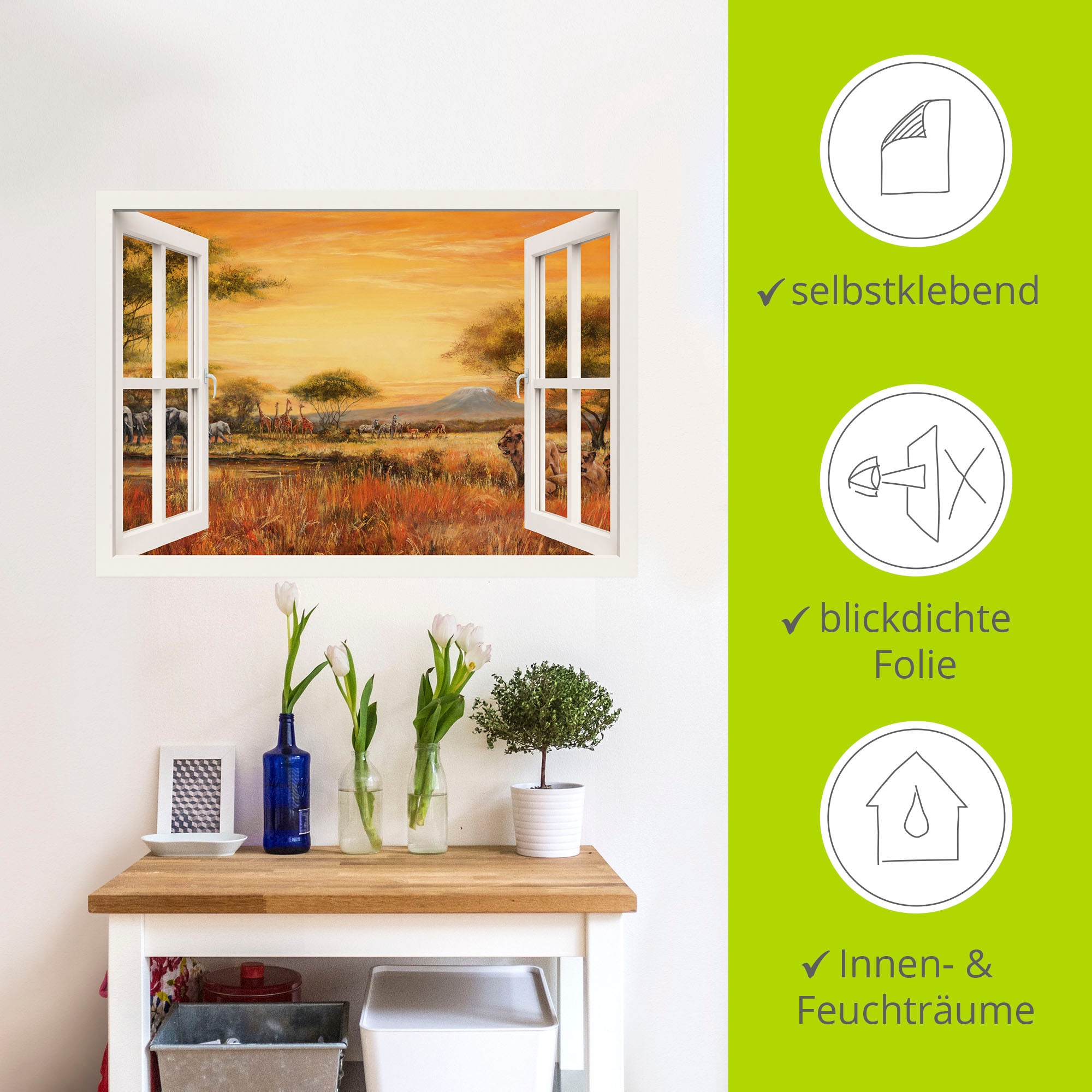 Artland Wandfolie »Afrikanische Steppe Löwen, weiss«, Fensterblick, (1 St.), selbstklebend