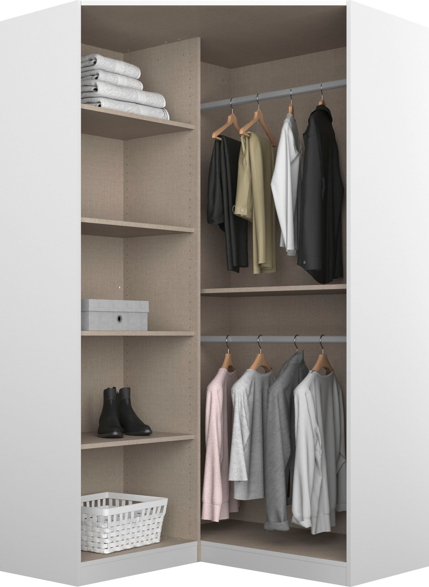 rauch Eckkleiderschrank »Kleiderschrank Schrank Garderobe Garderobenschrank Eckschrank HOMBURG« Schenkelmass: 117x104 cm, Höhe: 197 cm,  voll aufgelegter Spiegel, Vollausstattung viel Platz MADE IN GERMANY