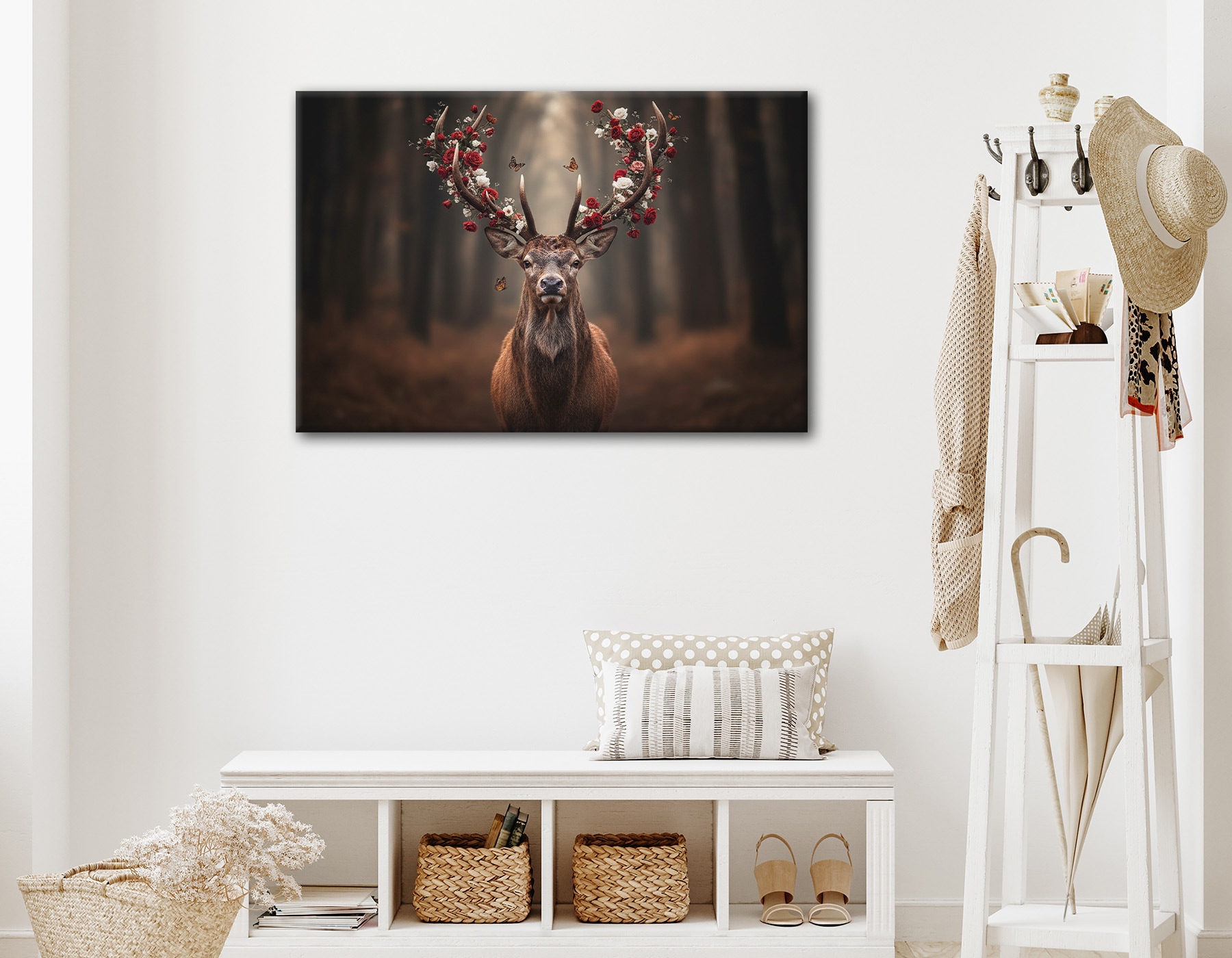 Bönninghoff Bild »Wandbild HIRSCH MIT BLUMEN 60x90 cm – Leinwandbild Keilrahmen Deko« Blumen | Hirsch | Wald auf Keilrahmen gespannt