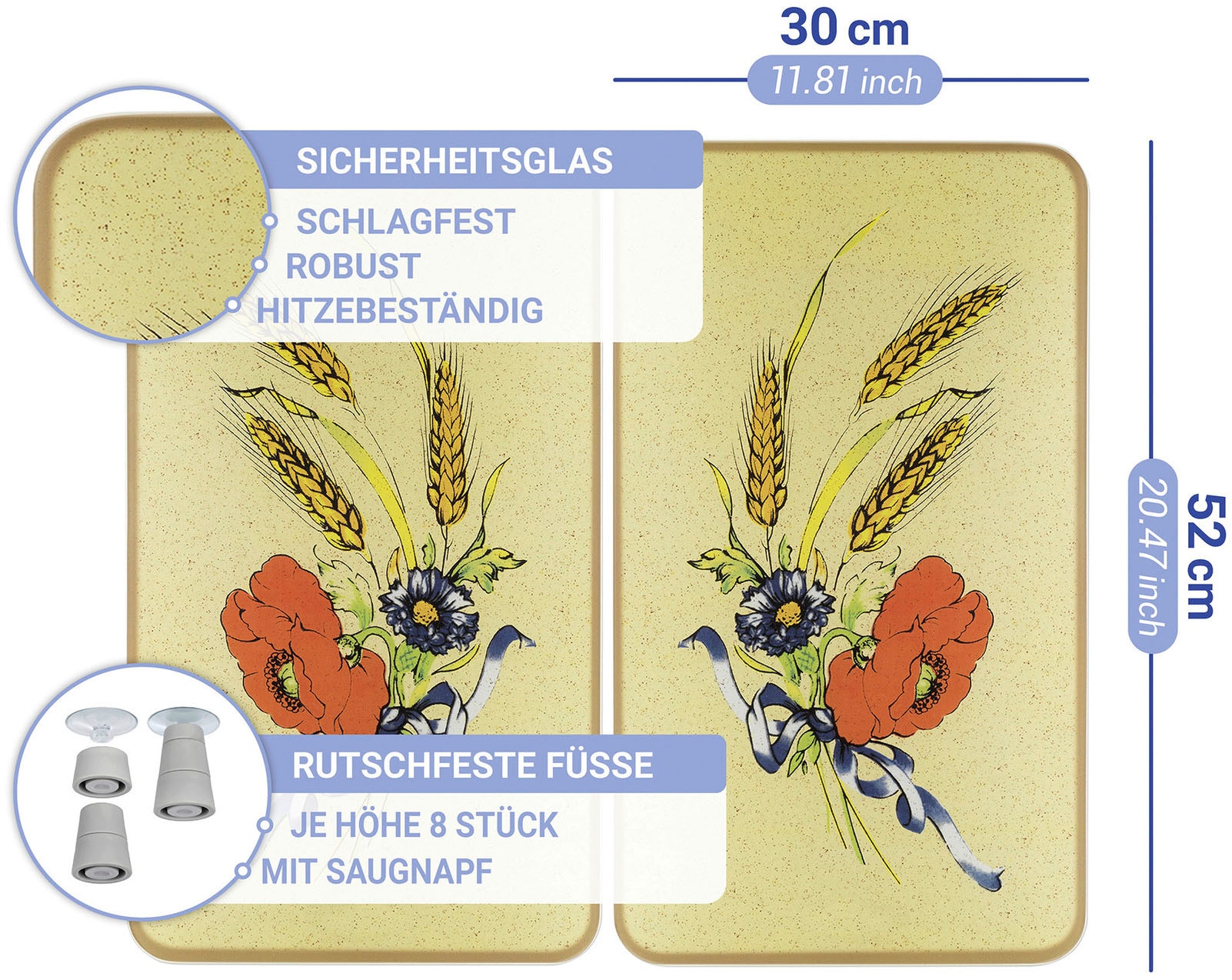 WENKO Herd-Abdeckplatte »Universal Modell Kornblumen«, (Set, 2 tlg.), Herdabdeckung für alle Herdarten, kratzfest, mit rutschfesten Füssen