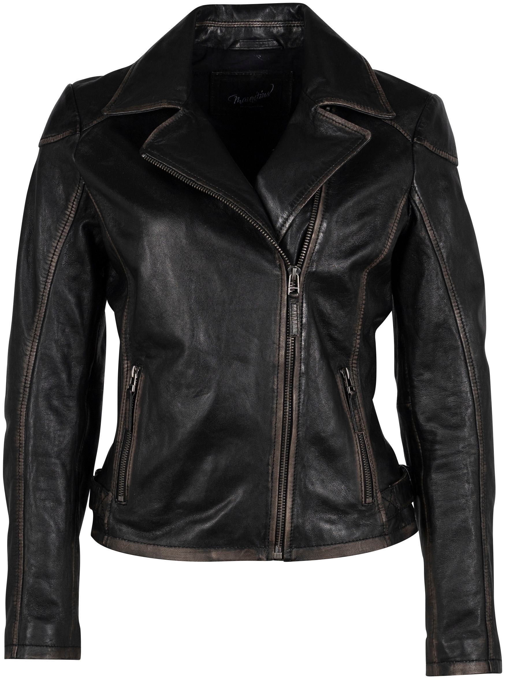 Image of Mauritius Lederjacke "MWPeggie" im Vintage-Look, asymetrischer Reissverschluss, Reverskragen