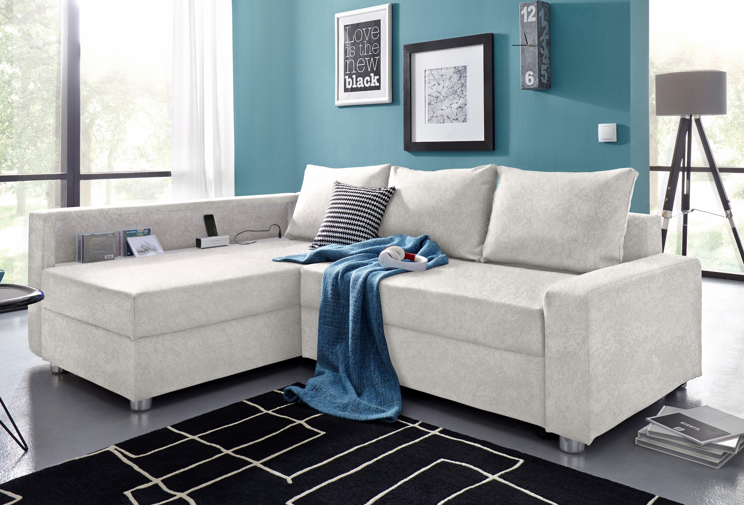 Image of COLLECTION AB Ecksofa "Relax L-Form, B: 223 cm" Bettfunktion, Bettkasten, Regalelement & 1 Zierkissen, optional Licht