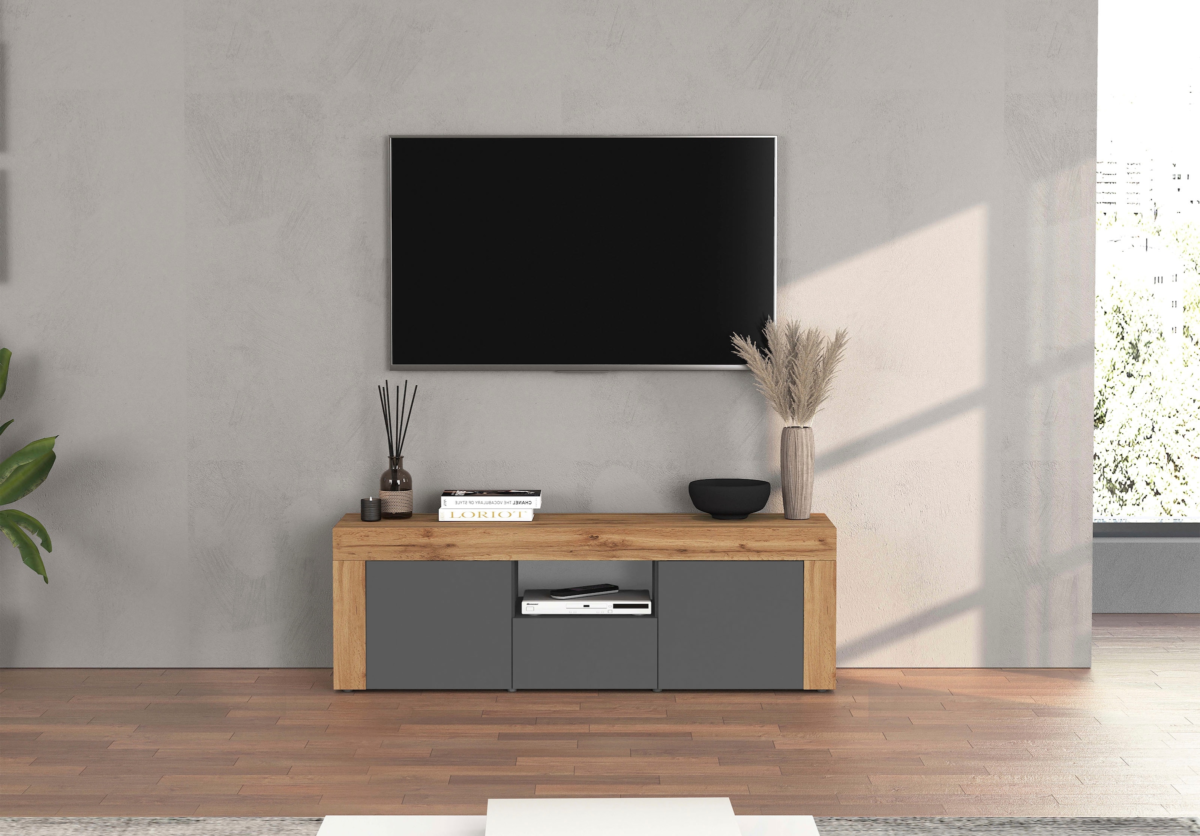 GOODproduct Table basse »CHRONOS Breite 155 cm mit 2 Türen, 1 Schublade,1 offenes Fach« 1 cuis tlg. TV-Board, Sideboard niedrig, Grifflos mit Push to Open 'Made in Italy'