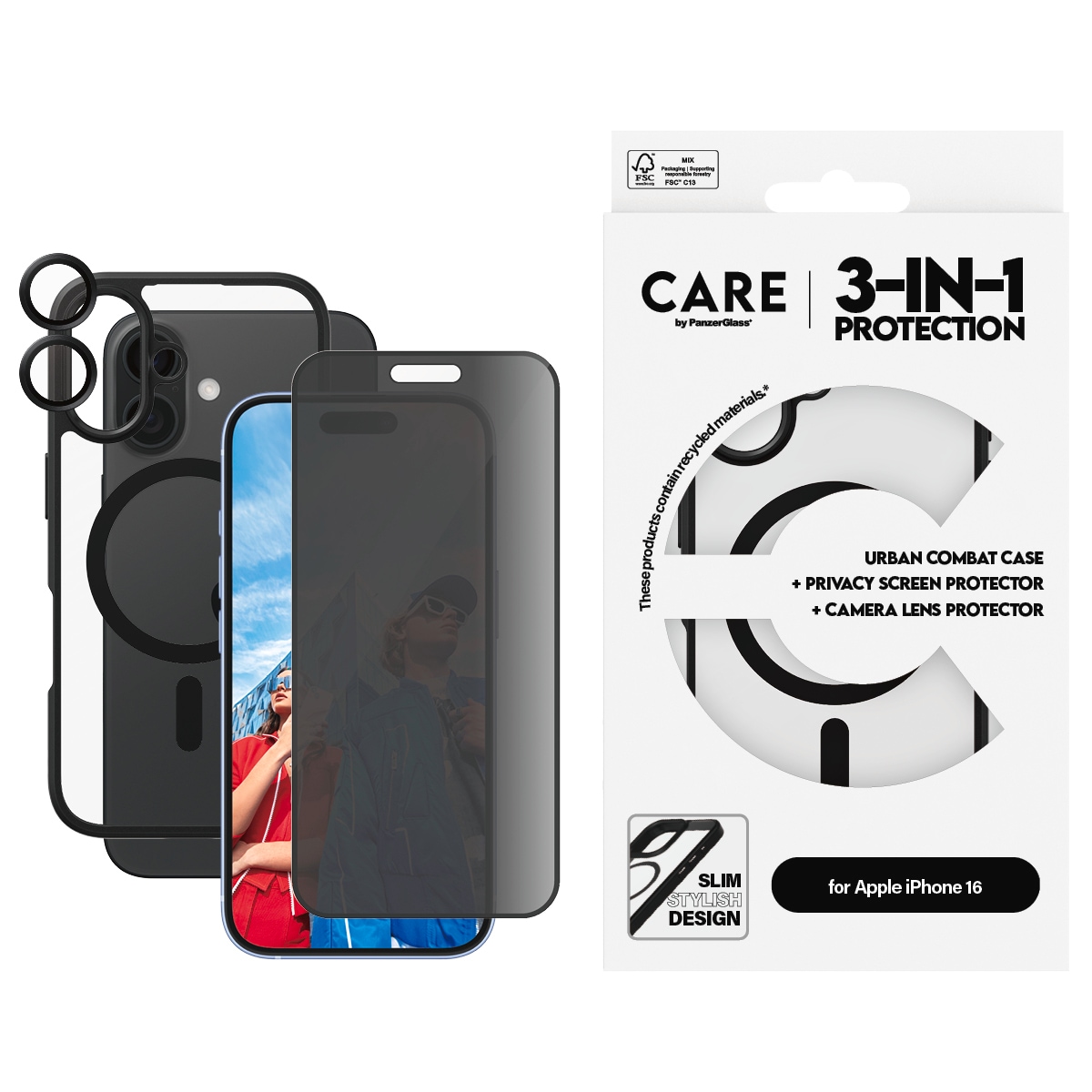 Image of CARE by PanzerGlass Displayschutzglas "3-in-1 Protection, Privacy Glass, Case, Lens Cover" für Apple iPhone 16 Displayschutzfolie, Schutzfolie, Bildschirmschutz, kratz- & stossfest