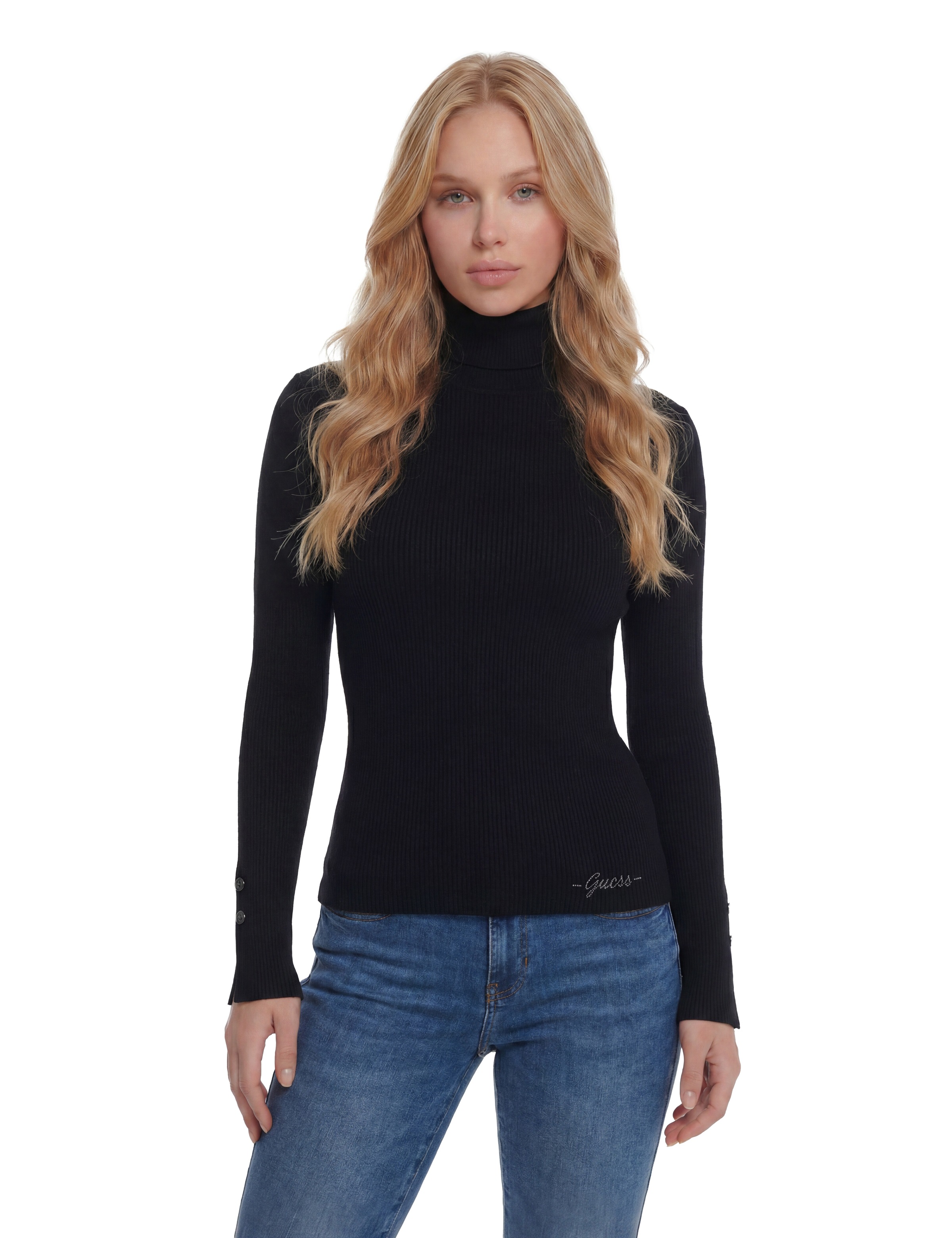 Guess Rollkragenpullover »LS TN ELLIE SWTR« in gerippter Struktur, Knopf-Details