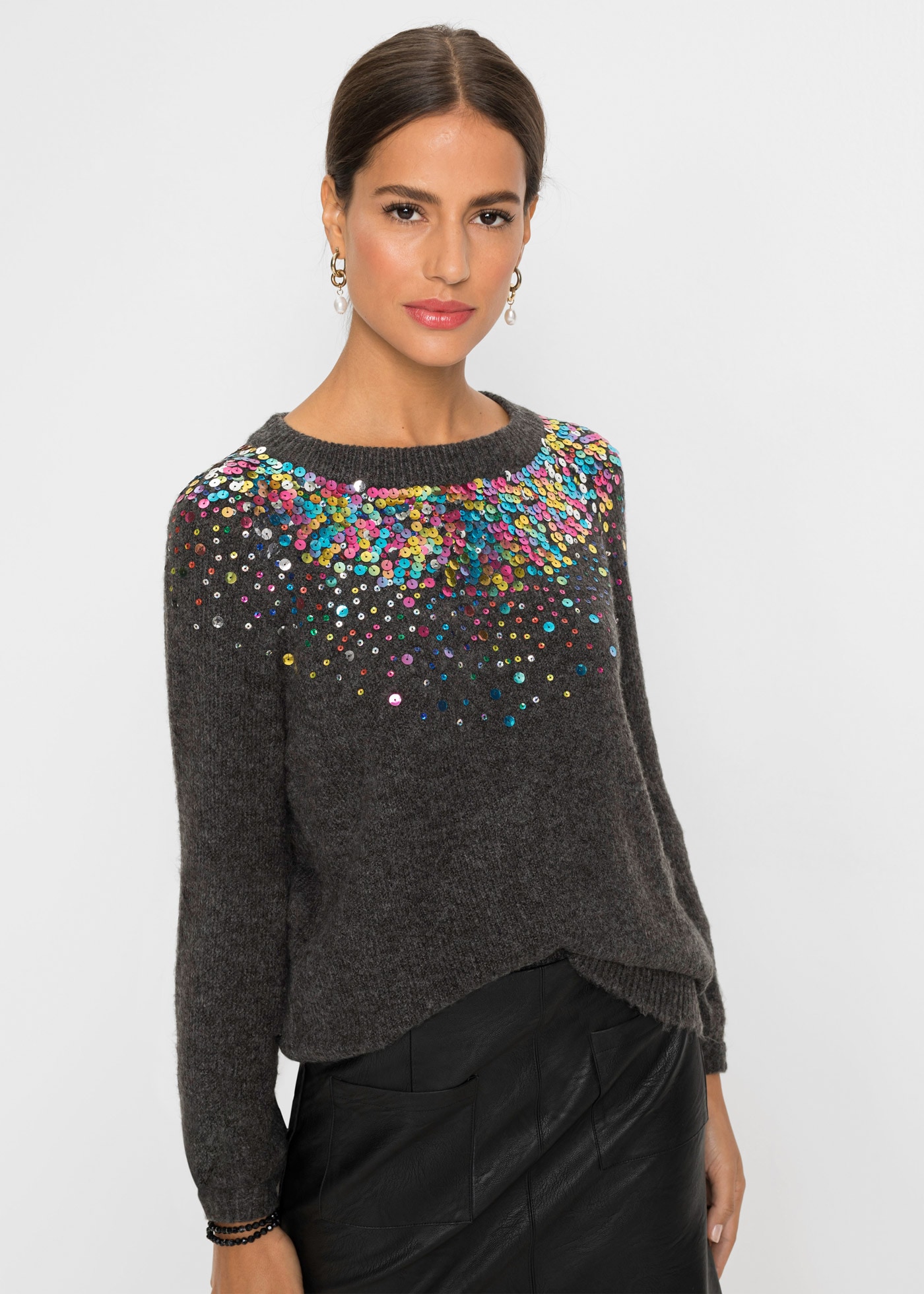 Image of bonprix Strickpullover mit bunten Pailletten, Raglanärmel, bequem, Rundhals-Ausschnitt