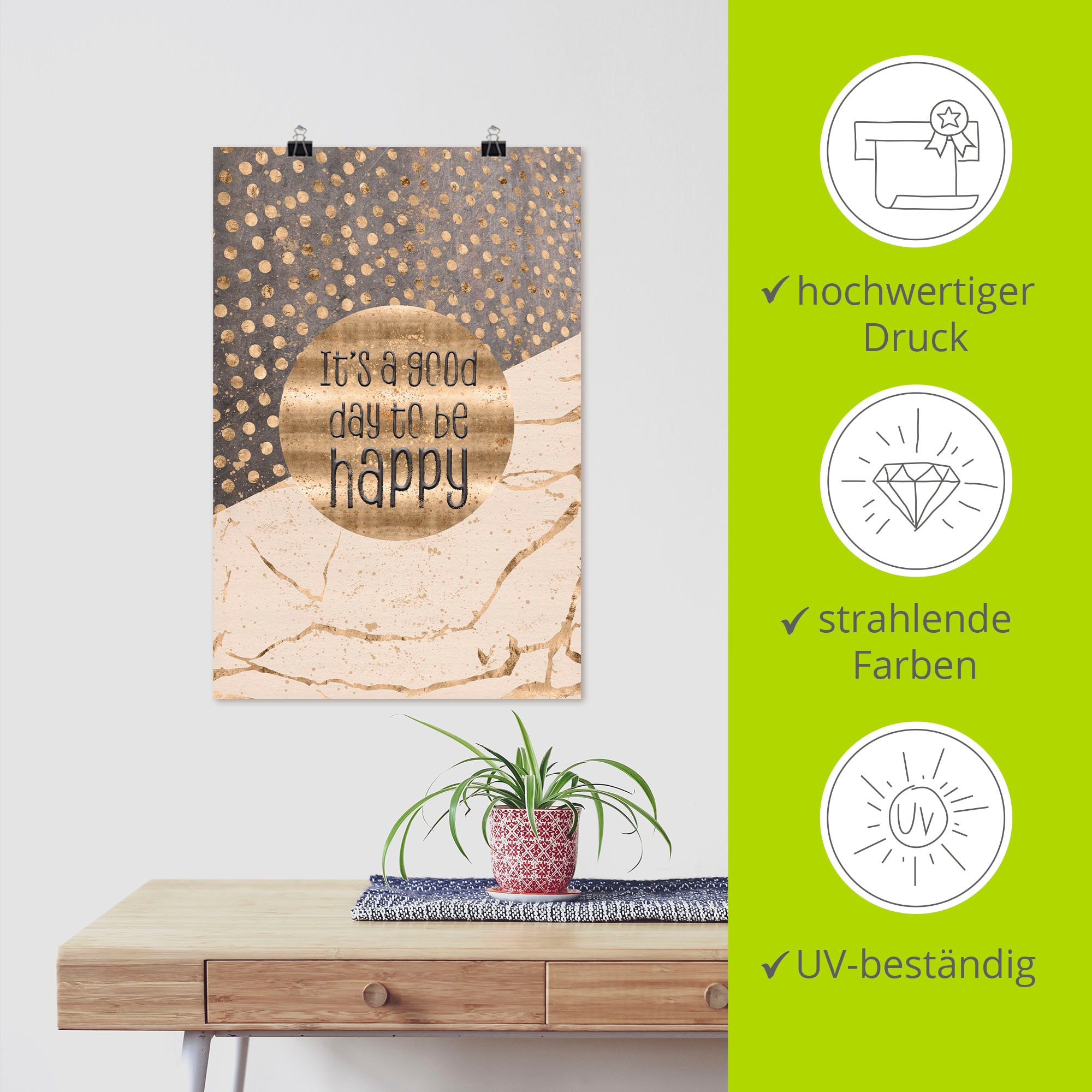 Artland Fresque murale »Ein guter Tag um glücklich zu sein« 1 cuis tlg. als Alubild, Outdoorbild, Leinwandbild, Poster, Wandaufkleber