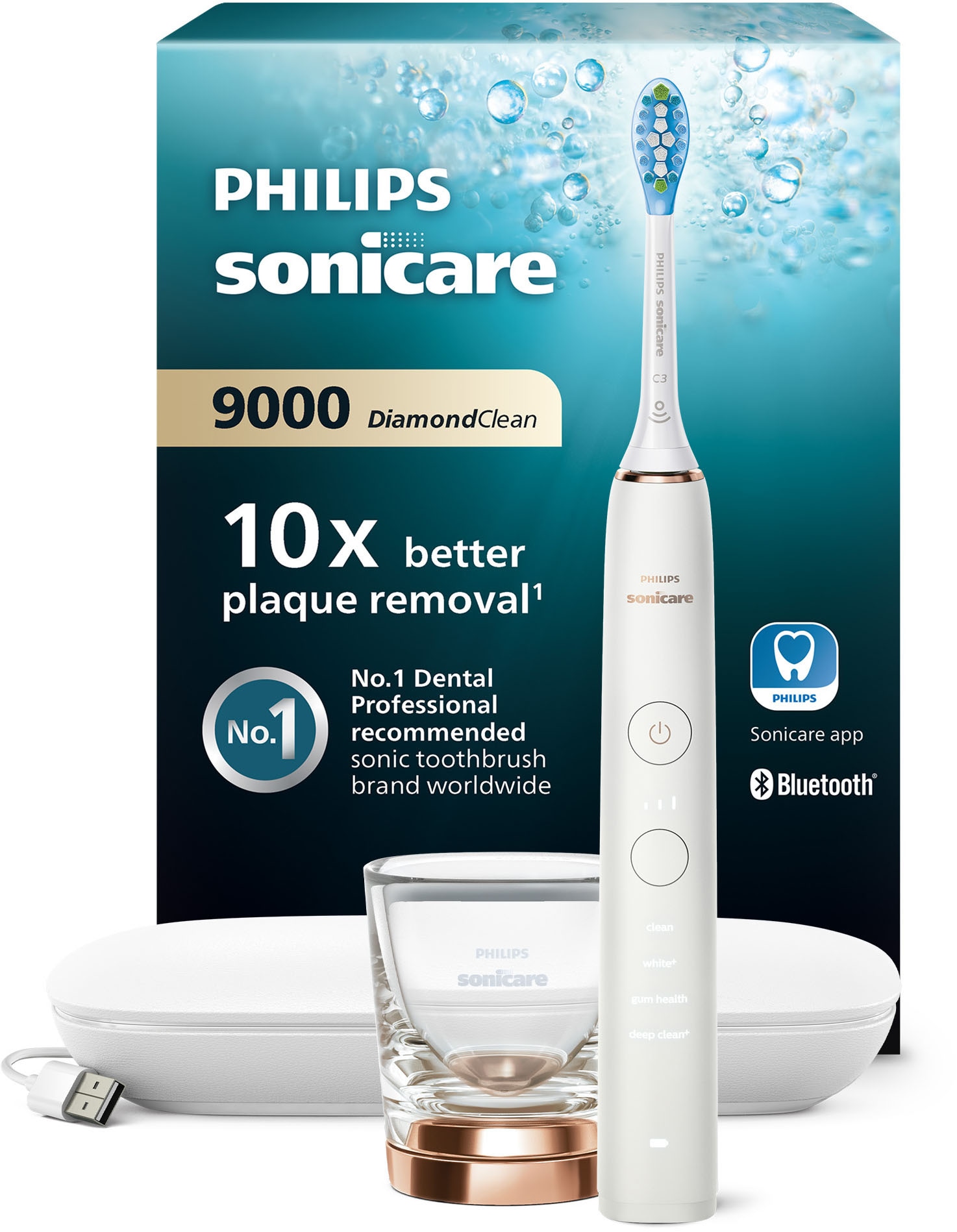 Image of Philips Sonicare Elektrische Zahnbürste "DiamondClean 9000 HX9911" 1 Stk. Aufsteckbürsten mit Schalltechnologie, Ladeglass, USB-Reiseetui