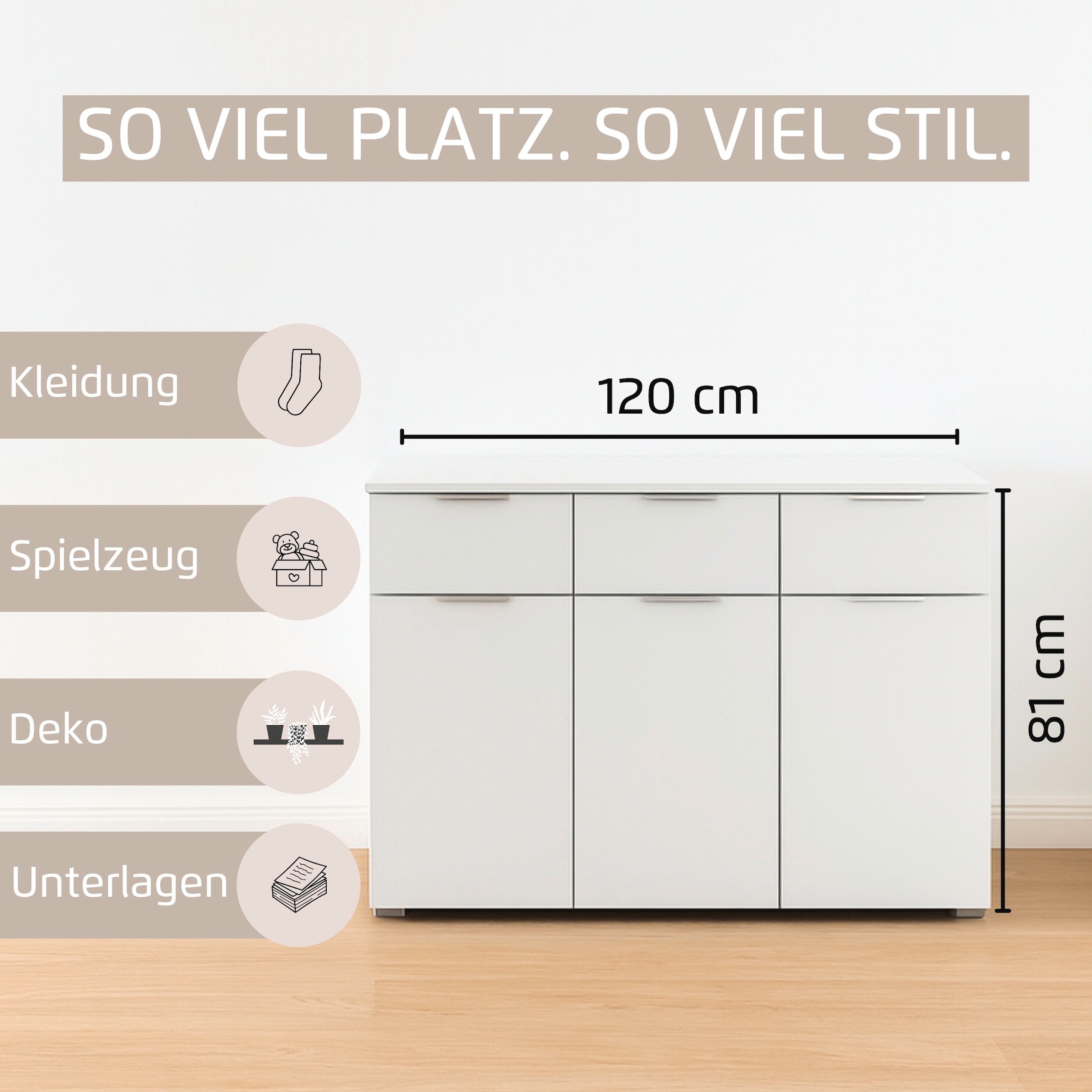 GOODproduct Kombikommode »Kommode Sideboard Schubladenkommode Schlafzimmerkommode CORTONA« Breite 120 cm inkl. SOFT-CLOSE-FUNKTION, mit moderner Dekor-Front,  mit 3 Schubladen und 3 verstellbaren Einlegeboden MADE IN GERMANY