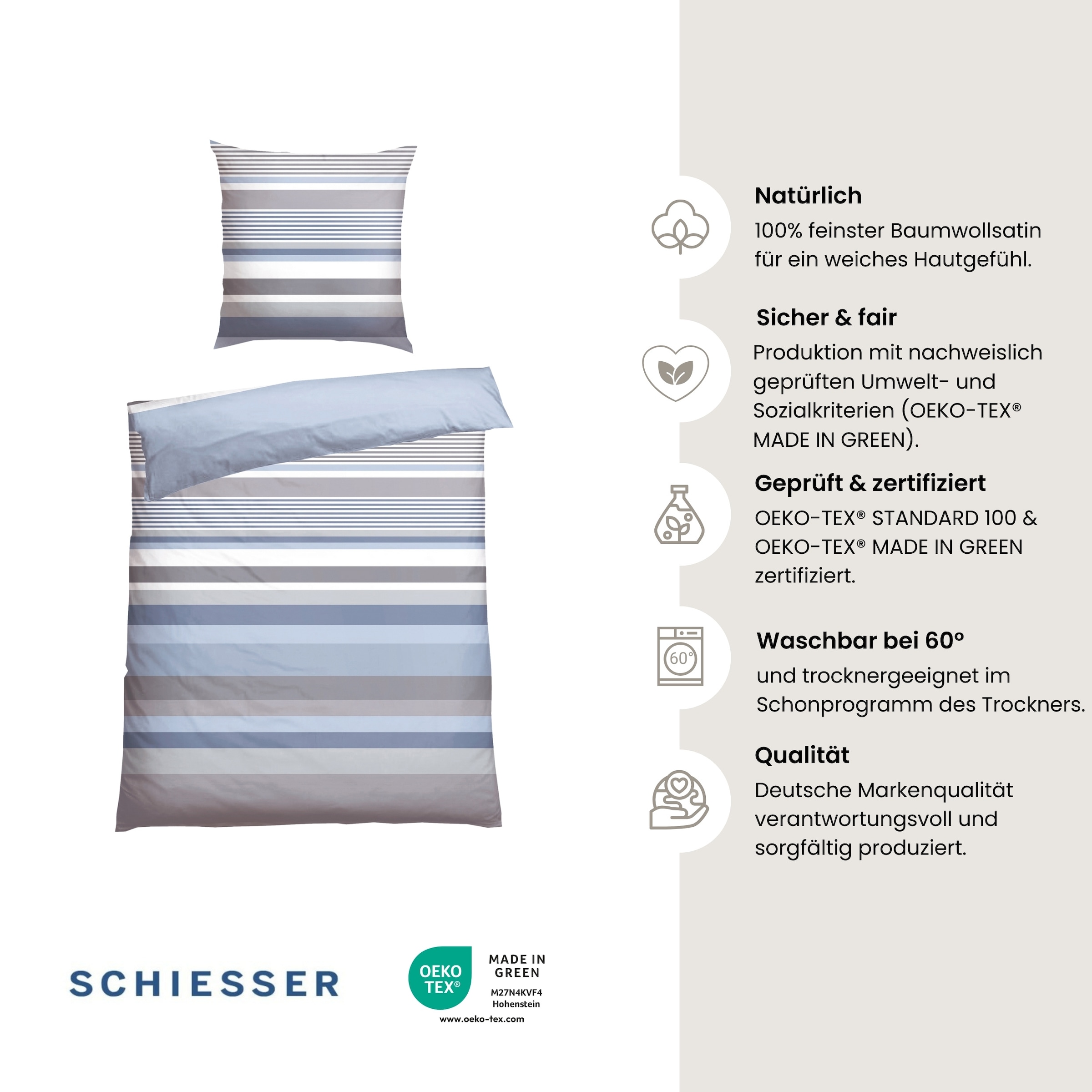 Schiesser Bettwäsche »Hoops aus weichem Baumwoll-Satin mit Streifen-Design« 2 tlg. OEKO-TEX® MADE IN GREEN