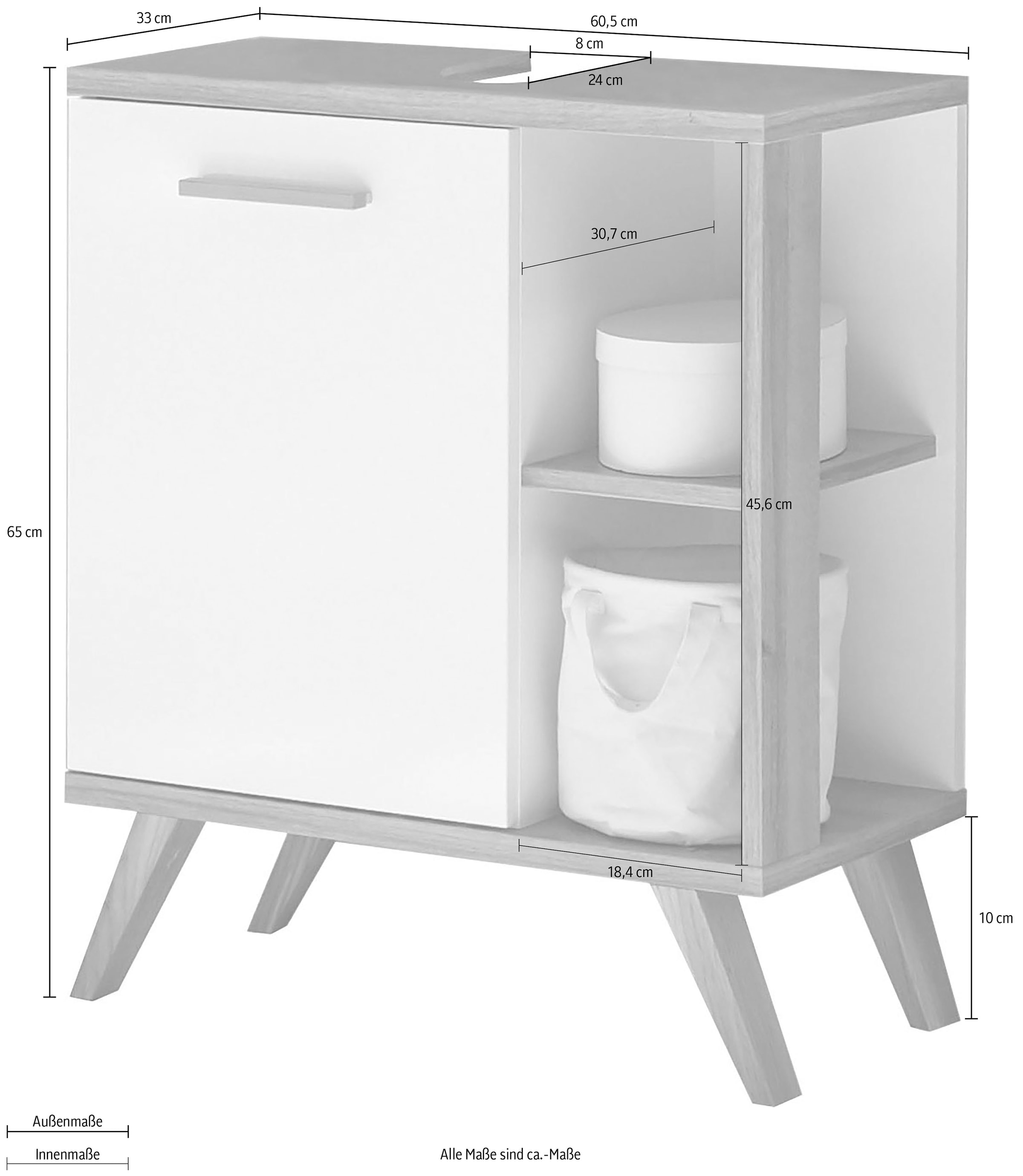 Saphir Waschbeckenunterschrank »Quickset Unterbeckenschrank mit 1 Tür, 60,5 cm breit, ohne Waschbecken« Waschbeckenschrank inkl Türdämpfer, seitliche Ablagefächer, Holzgriffe