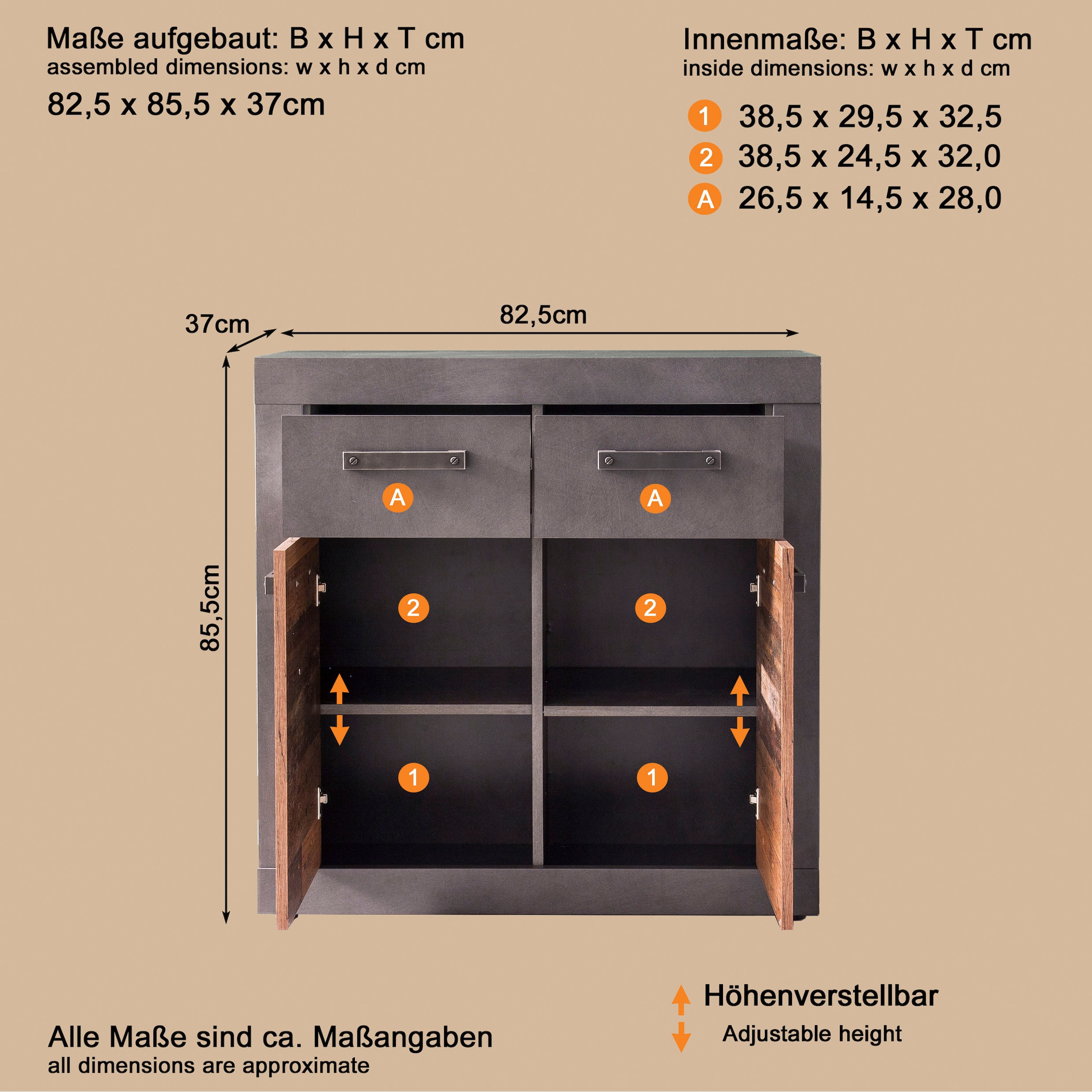 Home affaire Commode »Ilana« Kommode mit 2 Türen & 2 Schubladen - (B/T/H) 82/37/86 cm