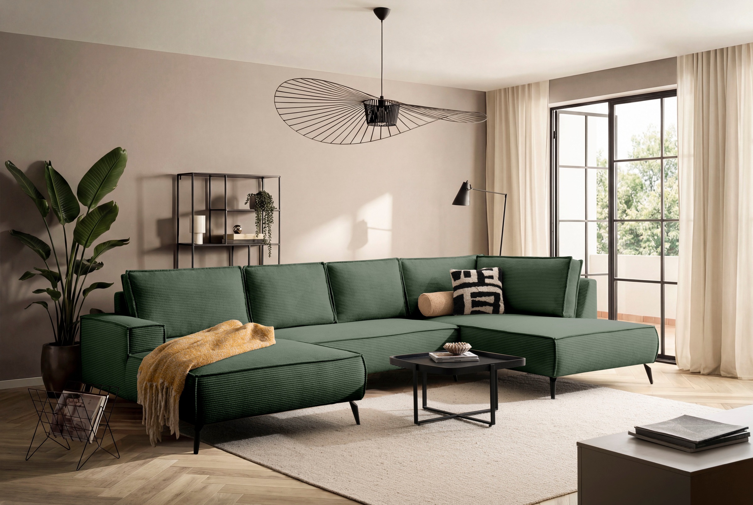 Home affaire Paysage de salon »TVINNU, moderne U-Form, Couch in Cord oder Webstoff in Leinenoptik« Recamiere rechts/links, schwarze Metallfüsse, bequeme Sitz-/Liegefläche