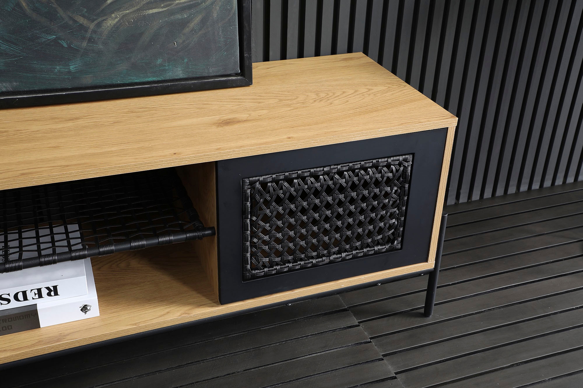 SalesFever Lowboard, Kommode mit mattschwarzem Einsatz aus Polyrattan, Fernsehtisch