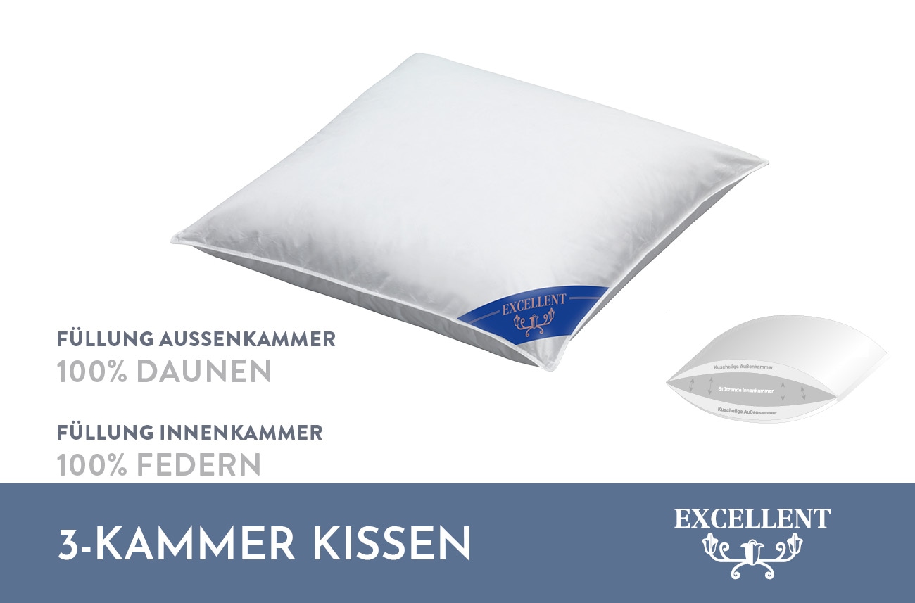 Excellent 3-Kammer-Kopfkissen »Kopfkissen "Venedig" Kissen mit Feder und Daunen Füllung. Kuschelig weiches Kopfkissen.«, Füllung: 100% Daunen (Aussenkammer), Bezug: 100% Baumwolle, hergestellt in Deutschland, allergikerfreundlich