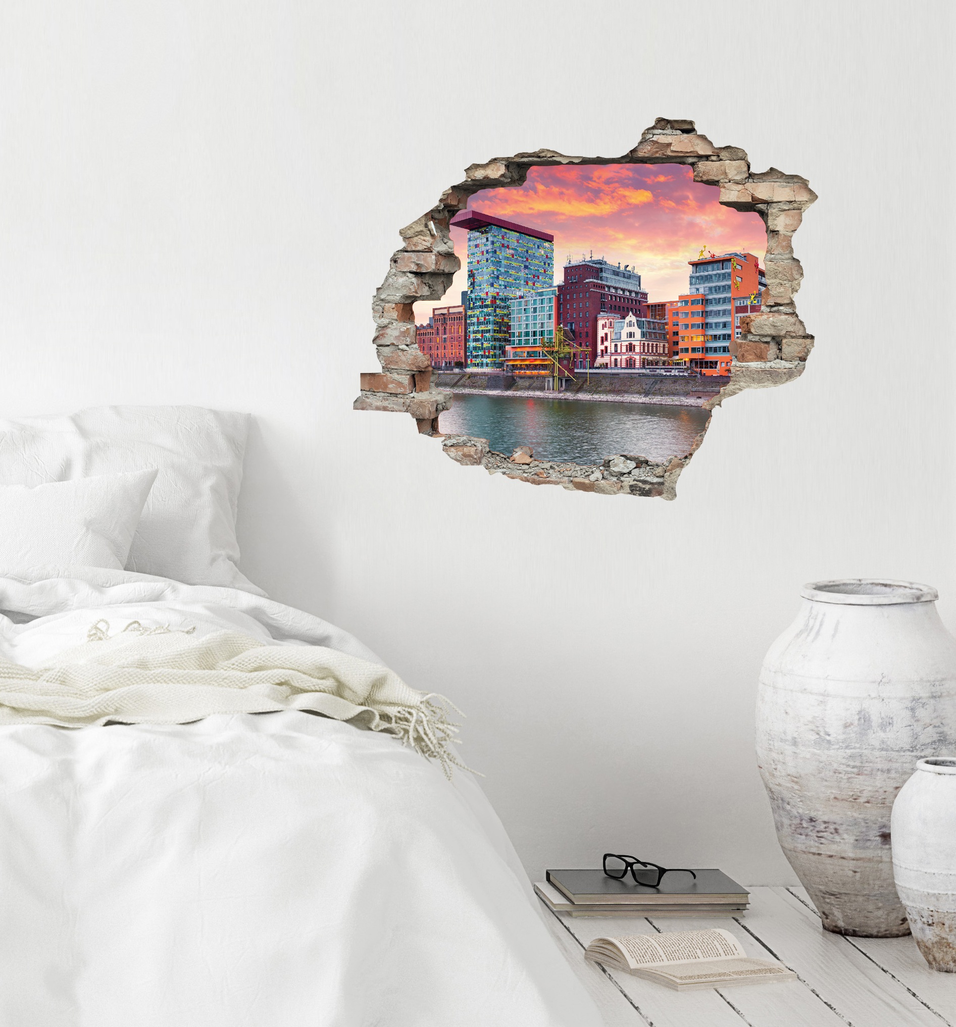 queence Wandtattoo »Düsseldorf«, (1 St.), Wandsticker, Wandbild, selbstklebend, 3D, Wanddurchbruch