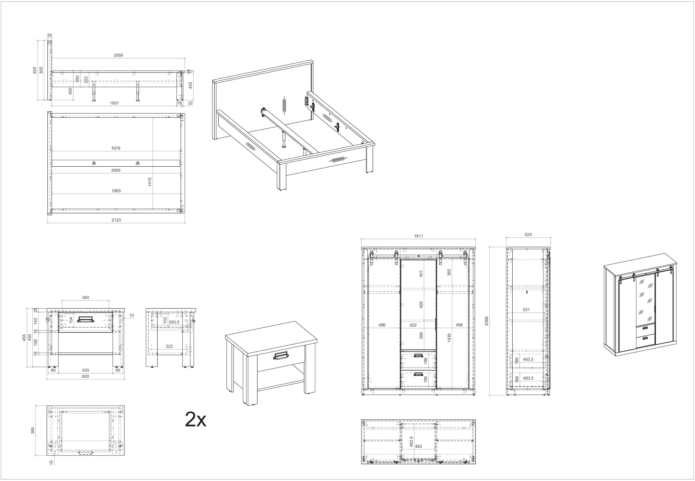 Home affaire Schlafzimmer-Set »SHERWOOD«, (4 St.), Liegefläche 140x200cm, Schrank 3-trg. 162cm breit