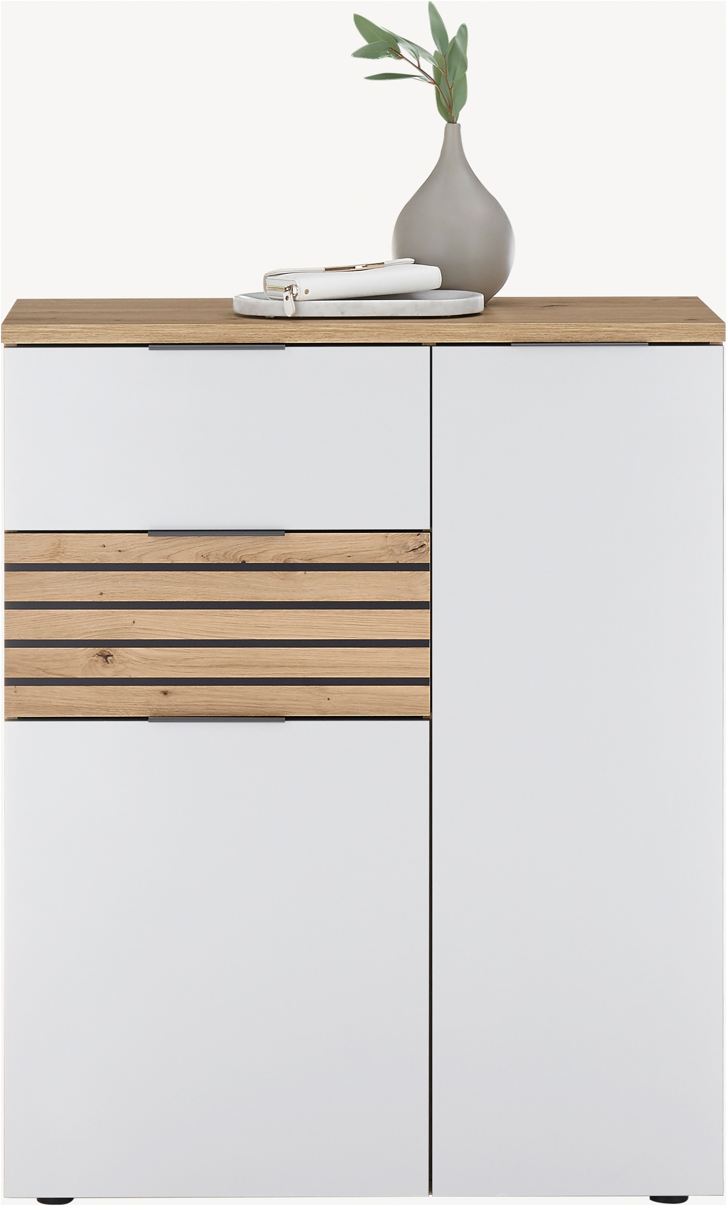 HBZ Garderoben-Set »5-tlg. Eiche Stripes Optik Flurgarderobe Stellmass BxHxT 260x197x38 cm«, (5 St.), Mit Schuhkommode, Hochschrank, Bank, Paneel, Spiegel