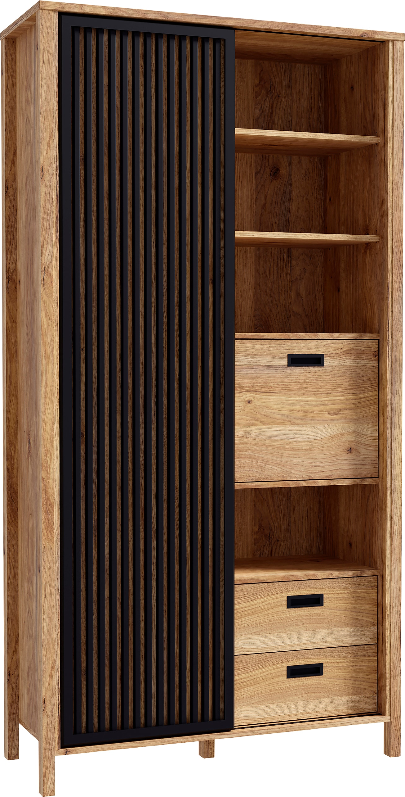 FORTE Buffet haut »Jytana« Hauteur 200,3 cm, porte coulissante aspect lamelles, chêne Mauvella / noir