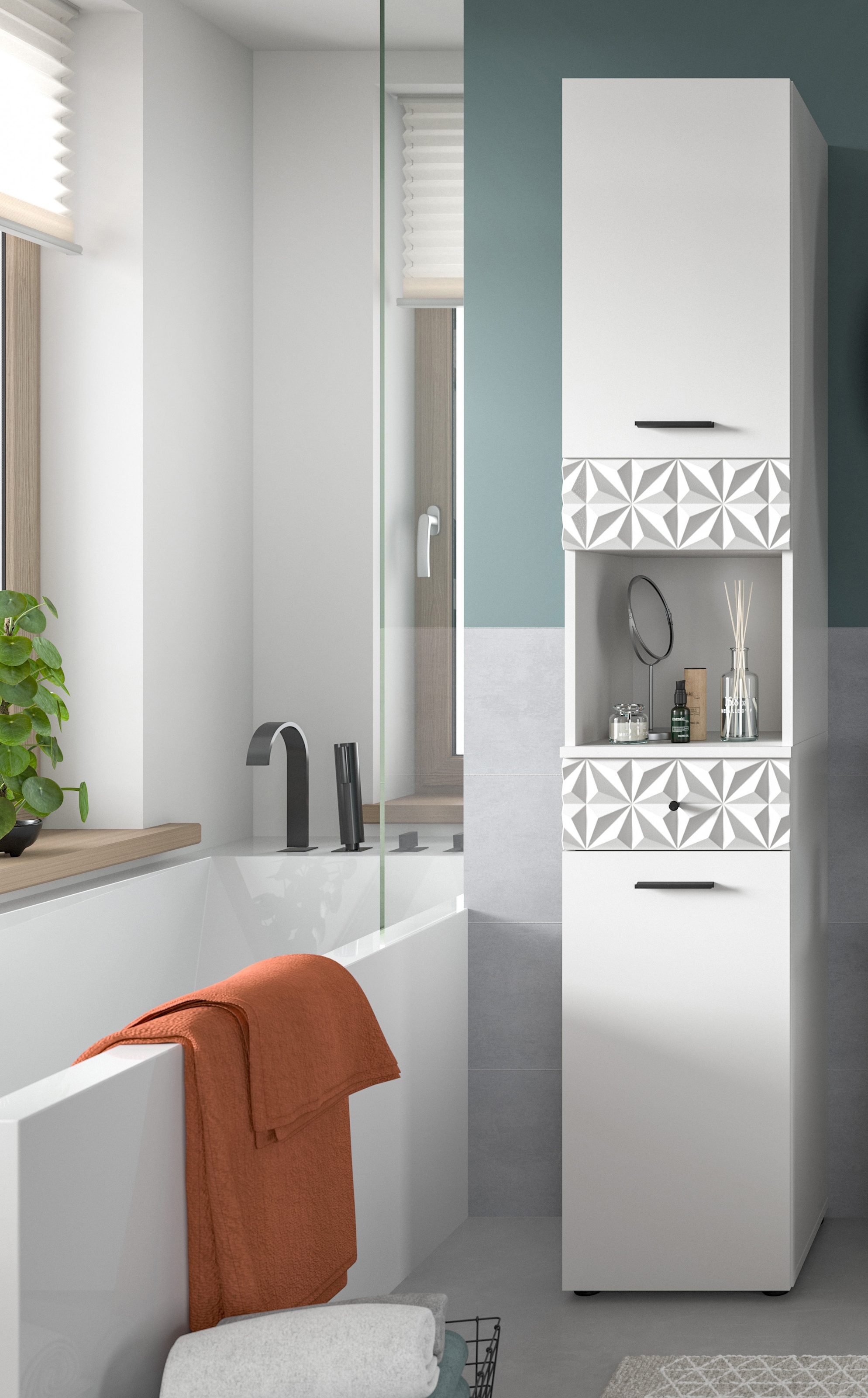 welltime Hochschrank »VICENZA, TOPSELLER!, Höhe 187cm, mit Schubkasten & Ornamentabsetzung« Mehrzweckschrank, Universalschrank, Badschrank, Badhochschrank