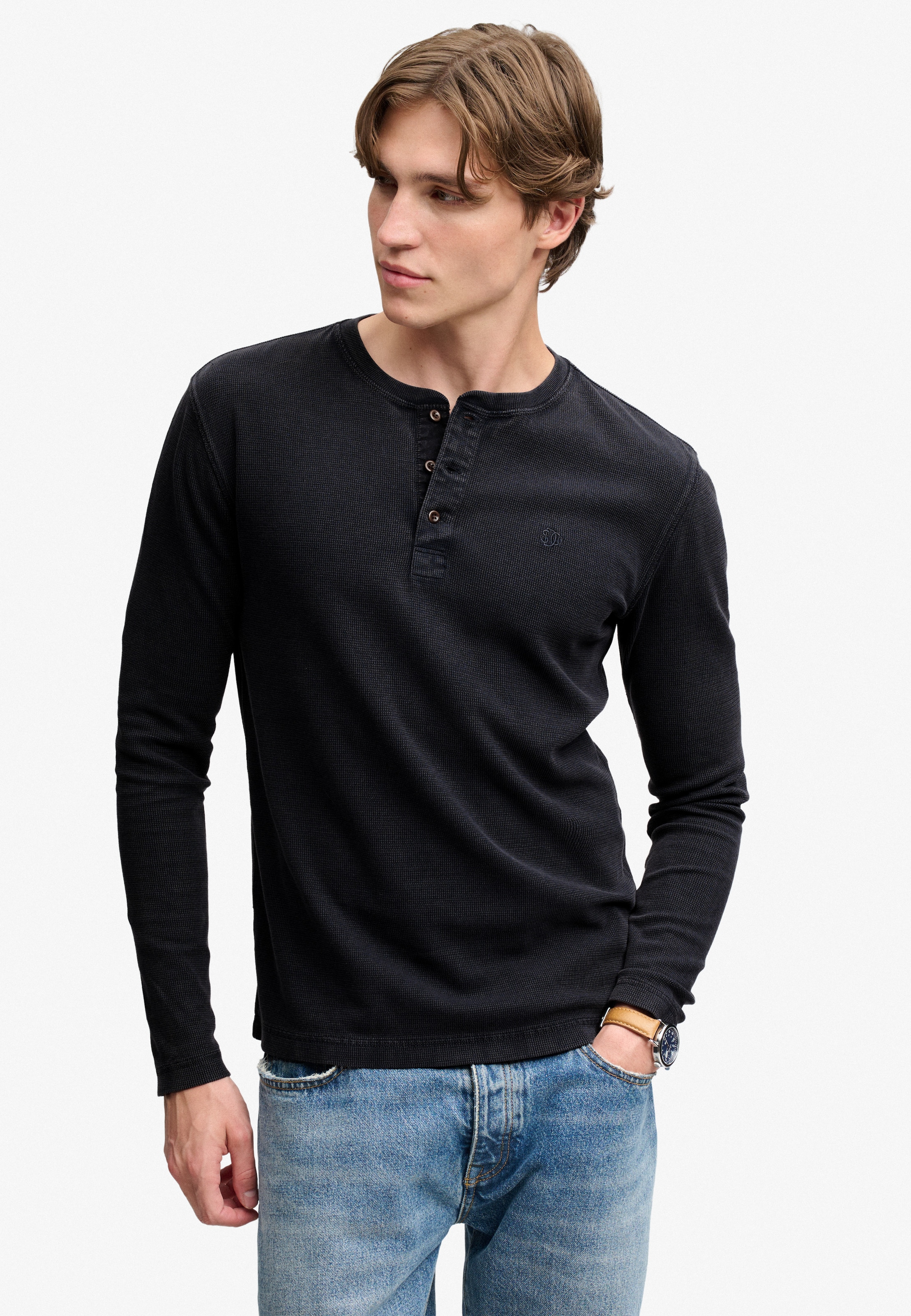 Image of Superdry Langarmshirt "WAFFLE LONG SLEEVE HENLEY TOP" Baumwolle, relaxed fit