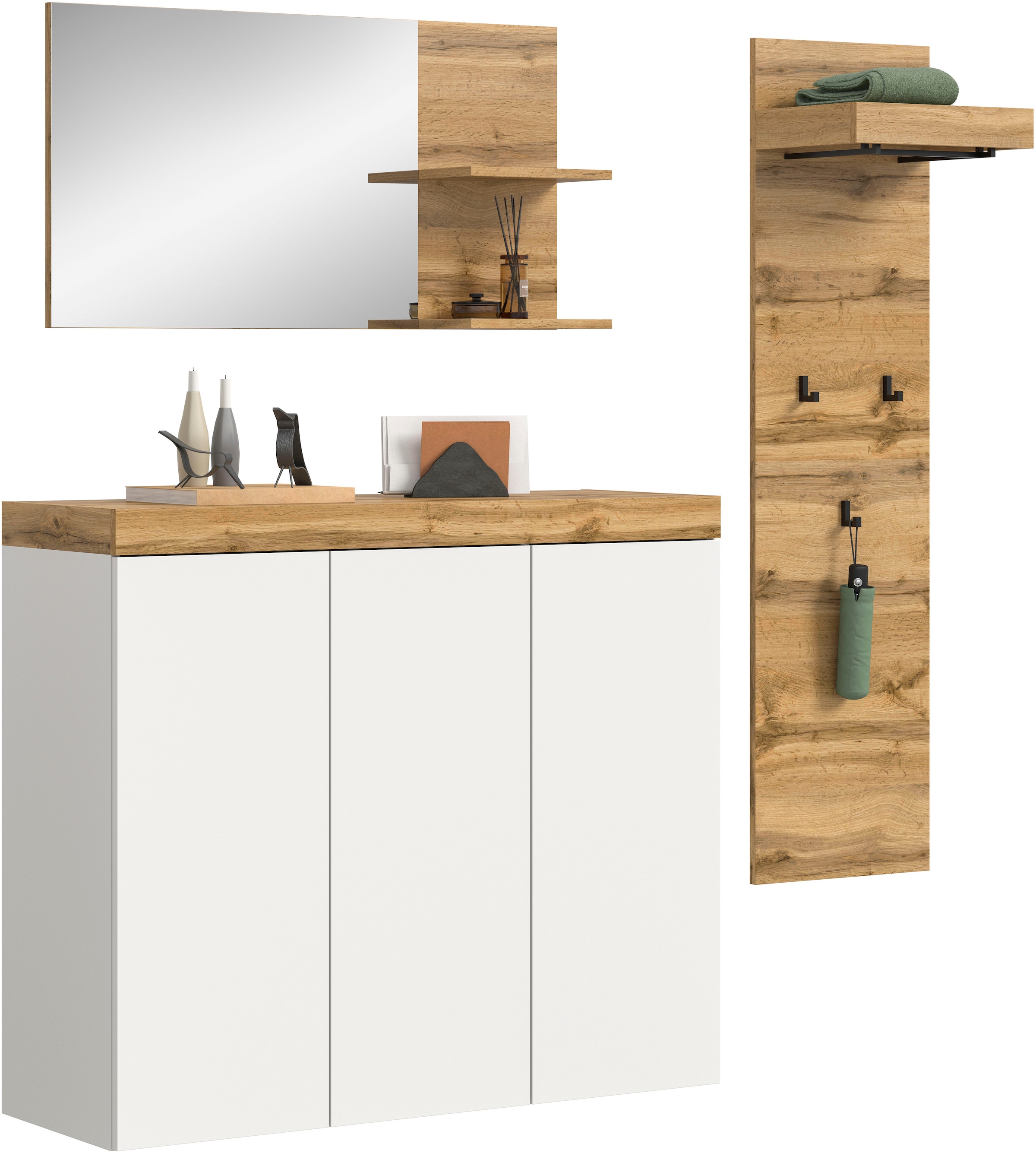 GOODproduct Ensemble de vestiaires »MAMBO, TOPSELLER!, 3-teilige Kombination, stehend & hängend montierbar« bestehend aus: Kommode, Spiegel, Garderobenpaneel, 3 cuis tlg.