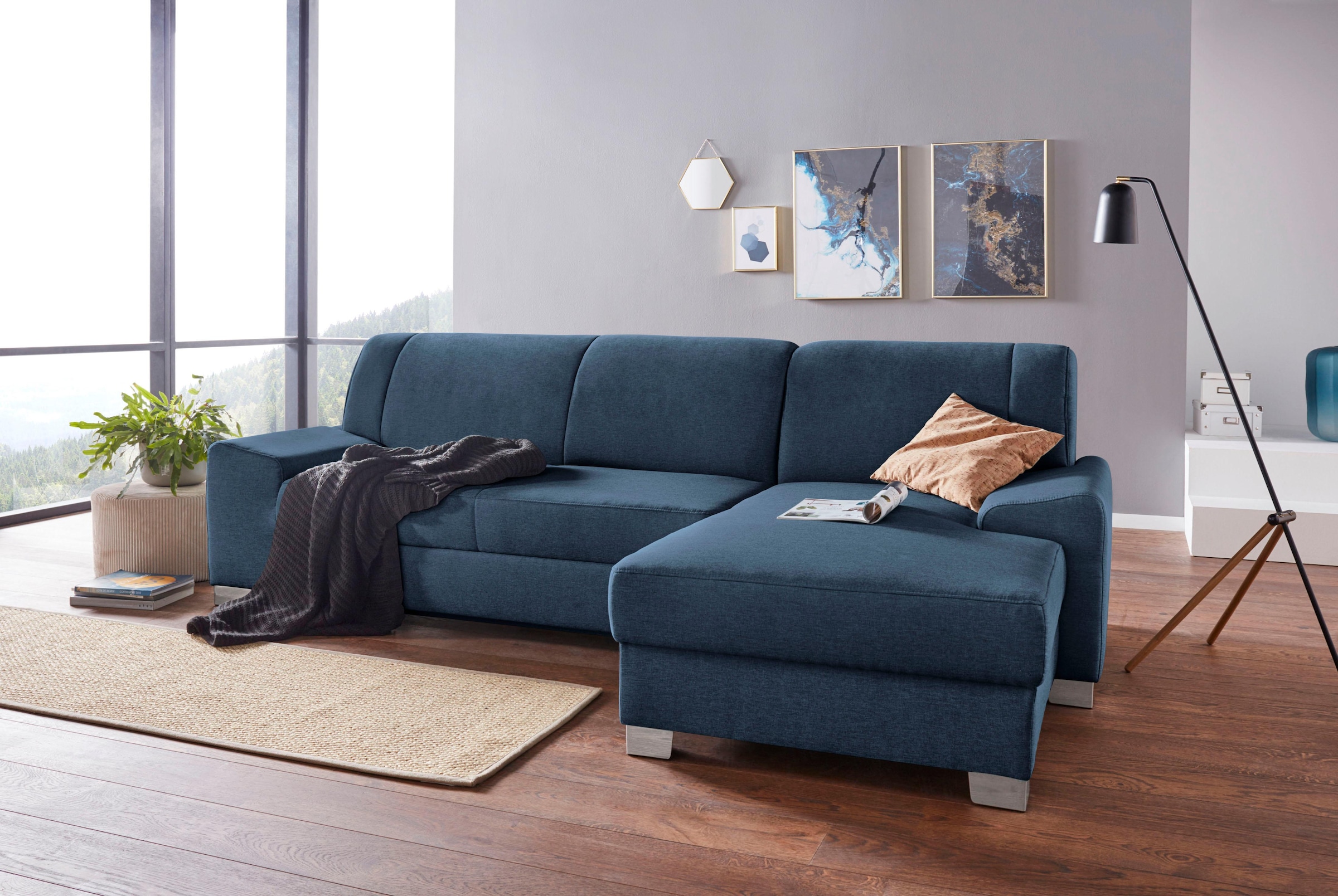 Image of DOMO collection Ecksofa "Anzio L-Form, whlw. Bettfunktion, Federkern, hochwertig, Breite 271 cm" Mit Bettfunktion, Recamiere rechts, Struktur fein, dunkelblau