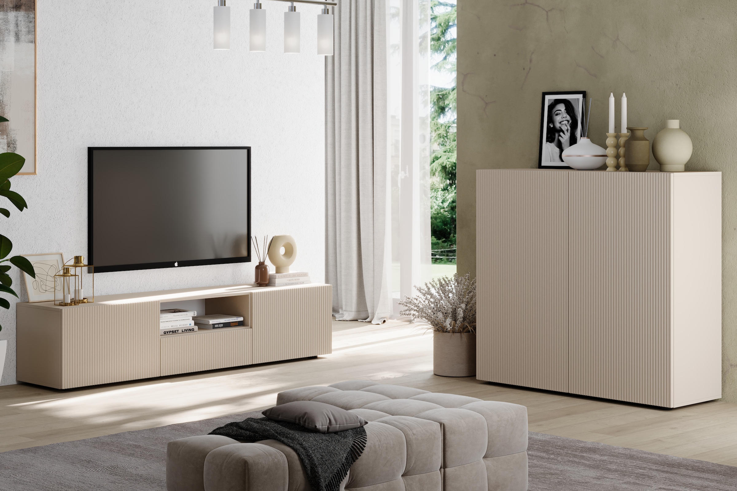 INOSIGN Lowboard »Rio Breite 181 cm, TV-Board 2 Türen u. 1 Schubkasten, TV-Schrank« geriffelte MDF-Fronten, modern u. elegant, Kabelführung, viel Stauraum