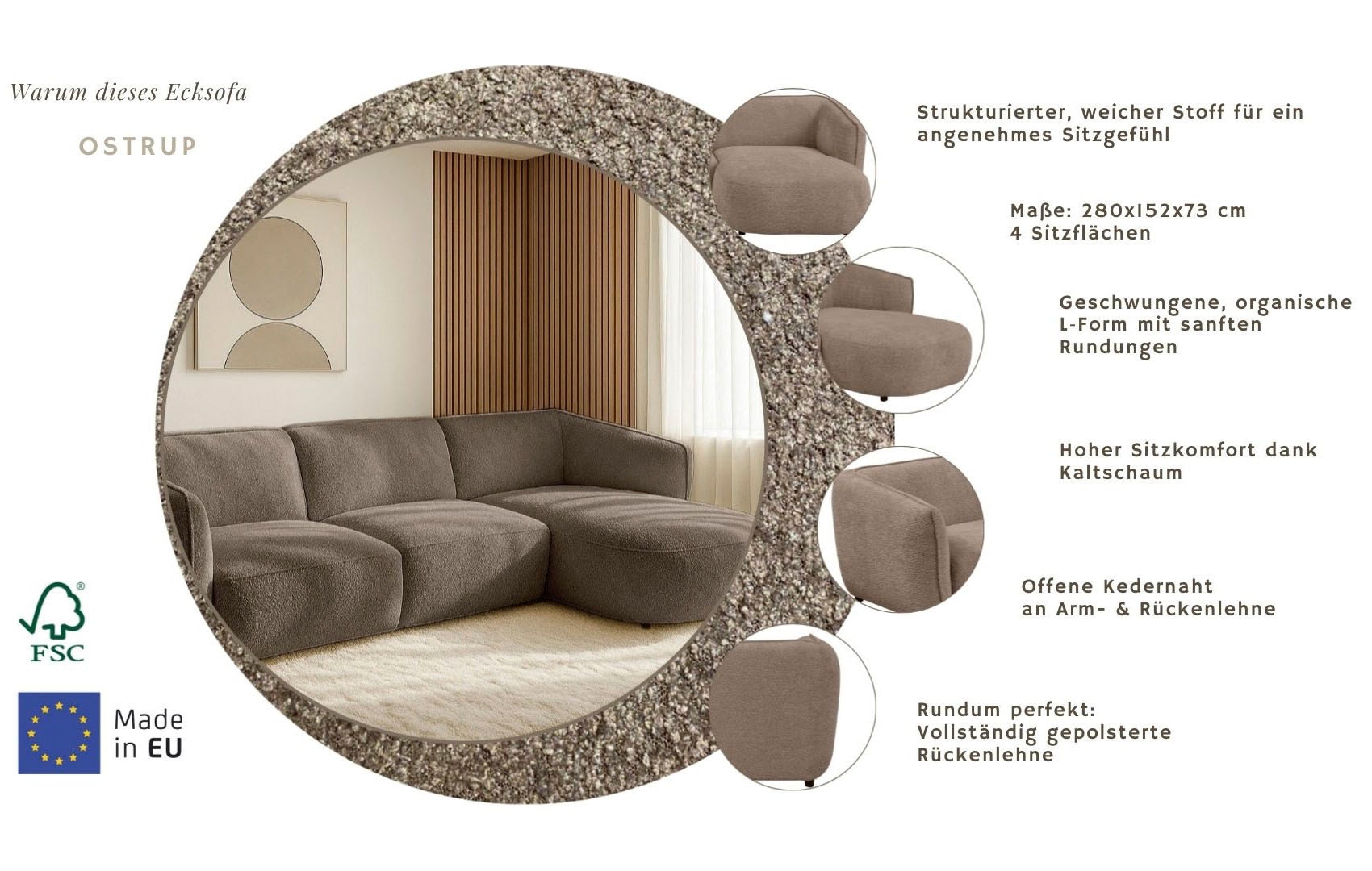 GOODproduct Ecksofa »OSTRUP Rundsofa, L-Form, Naturtöne, Boucle oder Chenille« Breite 280 cm, organische Form mit sanften Rundungen