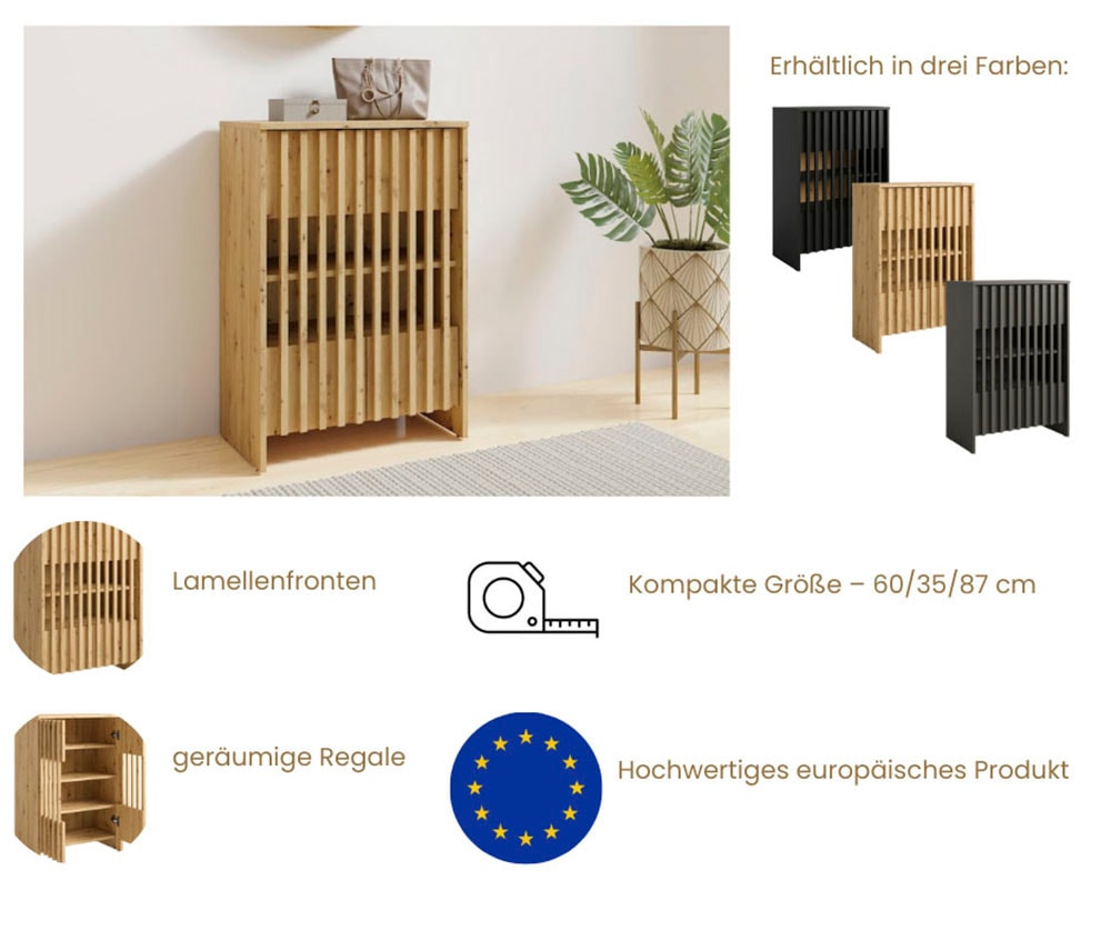 Home affaire Mehrzweckschrank »MURET, Schuhschrank, Weinregal, 4 Fächer und 2 Türen, Lamellenfronten« Masse B/T/H: 60/35,4/87 cm,  Schuhkommode mit viel Stauraum, Masse B/T/H: 60/35,4/87 cm