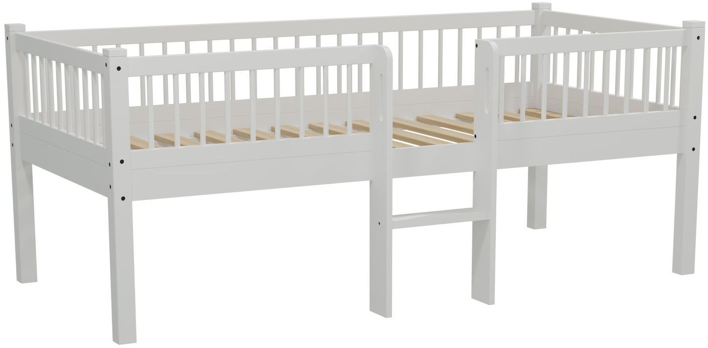Image of Vipack Massivholzbett "Forrest Massivholzbett Made in Europe, stabil und hochwertig gebaut" 90/200 cm, mit Rollrost und Leiter, seitenverkehrt montierbar, inkl. umlaufenden Absturzschutz in Sprossenoptik, Buche weiss lackiert