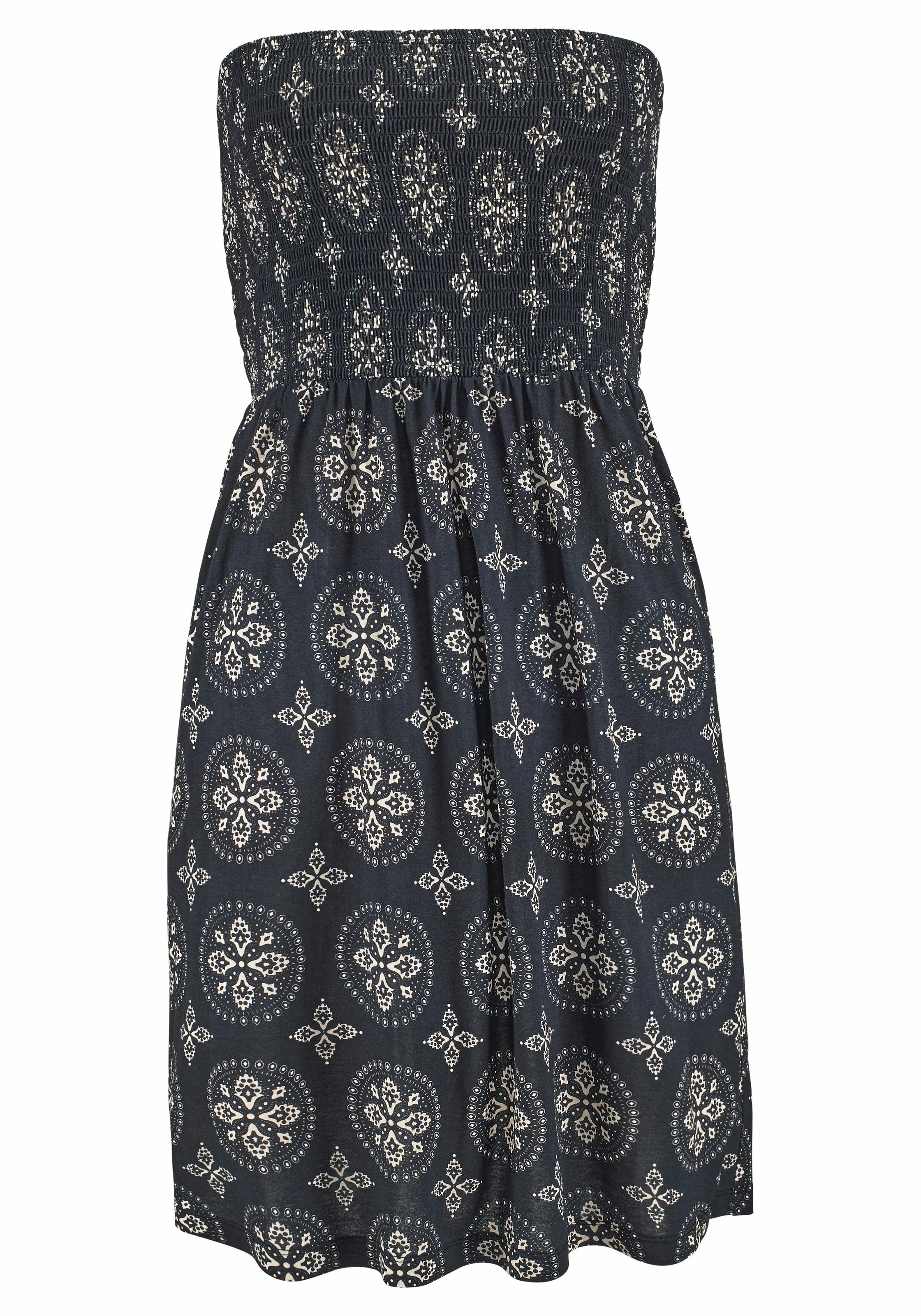LASCANA Bandeaukleid "mit gesmoktem Oberteil im Alloverdruck" Ohne Taschen Strandkleid, schulterfreies Sommerkleid, Viskosekleid, Festival