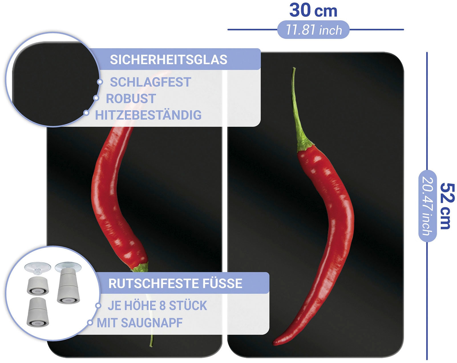 WENKO Herd-Abdeckplatte »Universal Modell Hot Peperoni«, (Set, 2 tlg.), Herdabdeckung für alle Herdarten, kratzfest, mit rutschfesten Füssen