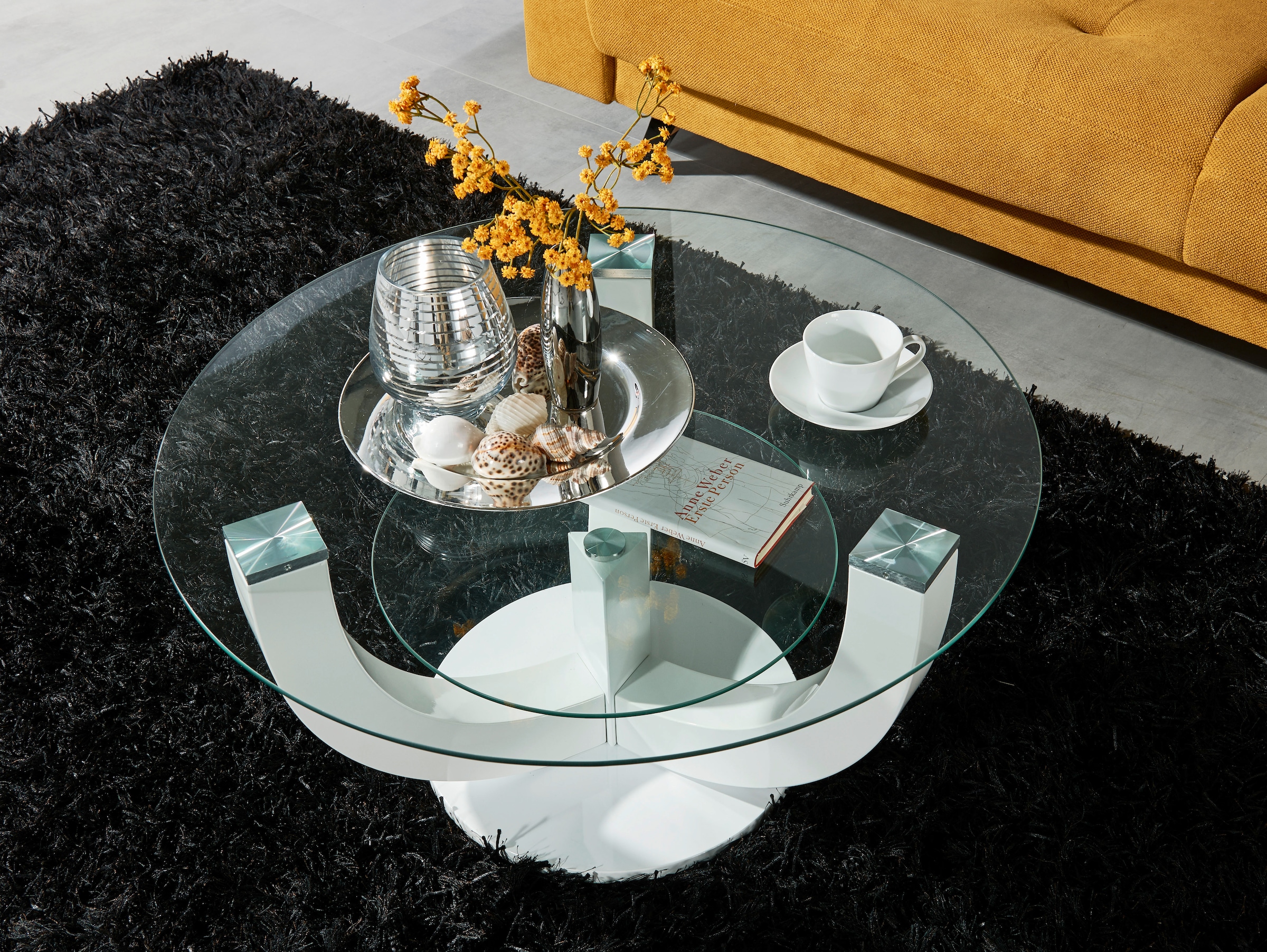 HBZ Couchtisch »Denver, TOPSELLER!«, (Couchtisch), rund mit Glas, Tisch -Gestell weiss hochglanz