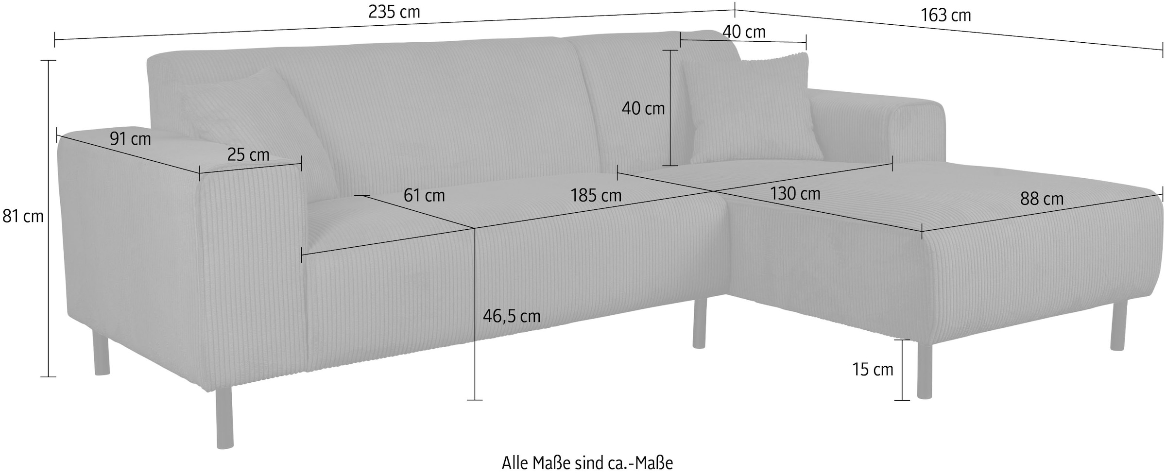 Home affaire Ecksofa »ARROS L-Form mit Wellenunterfederung, Masse B/T/H: 235/163/81 cm«, incl. Zierkissen, mit Recamiere rechts/links bestellbar, auch in Cord
