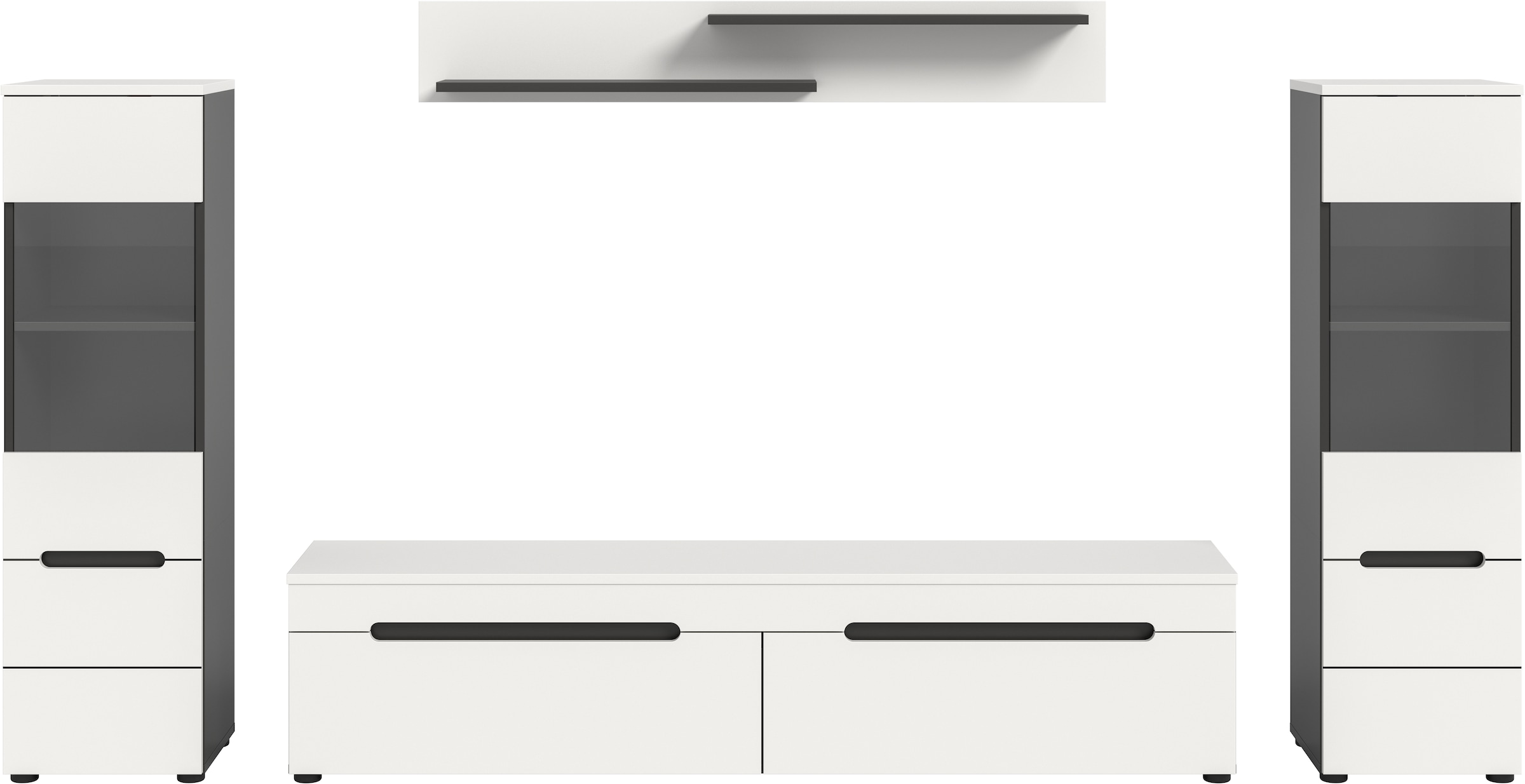 Home affaire Wohnwand »REHAT, TOPSELLER!, 4-teilig, wahlweise stehend und hängend montierbar« Set bestehend aus: 2x Vitrine, Lowboard und Wandboard, 3 Stk. tlg.